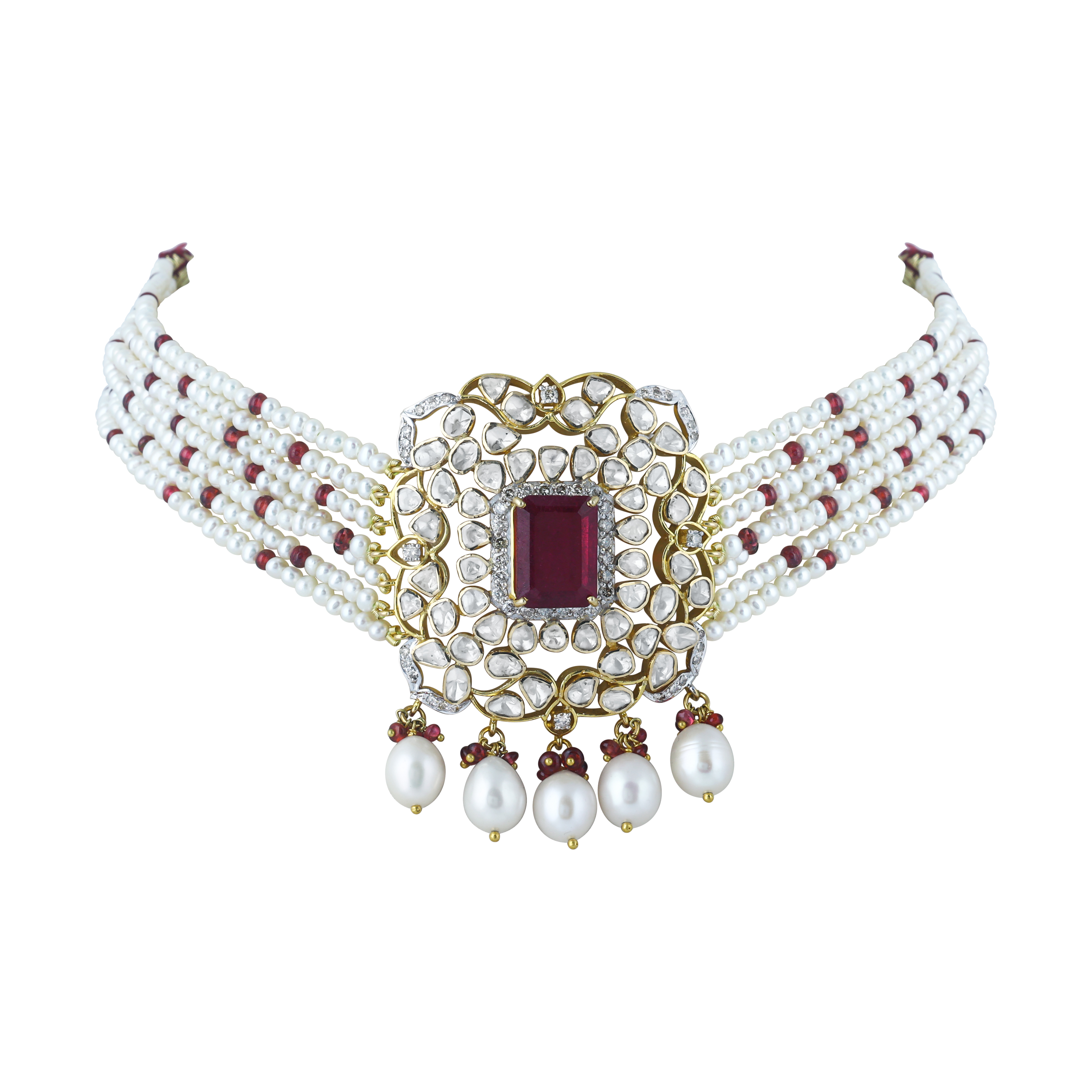 Tourmaline and Polki Choker with Pearl Strands and Spinels