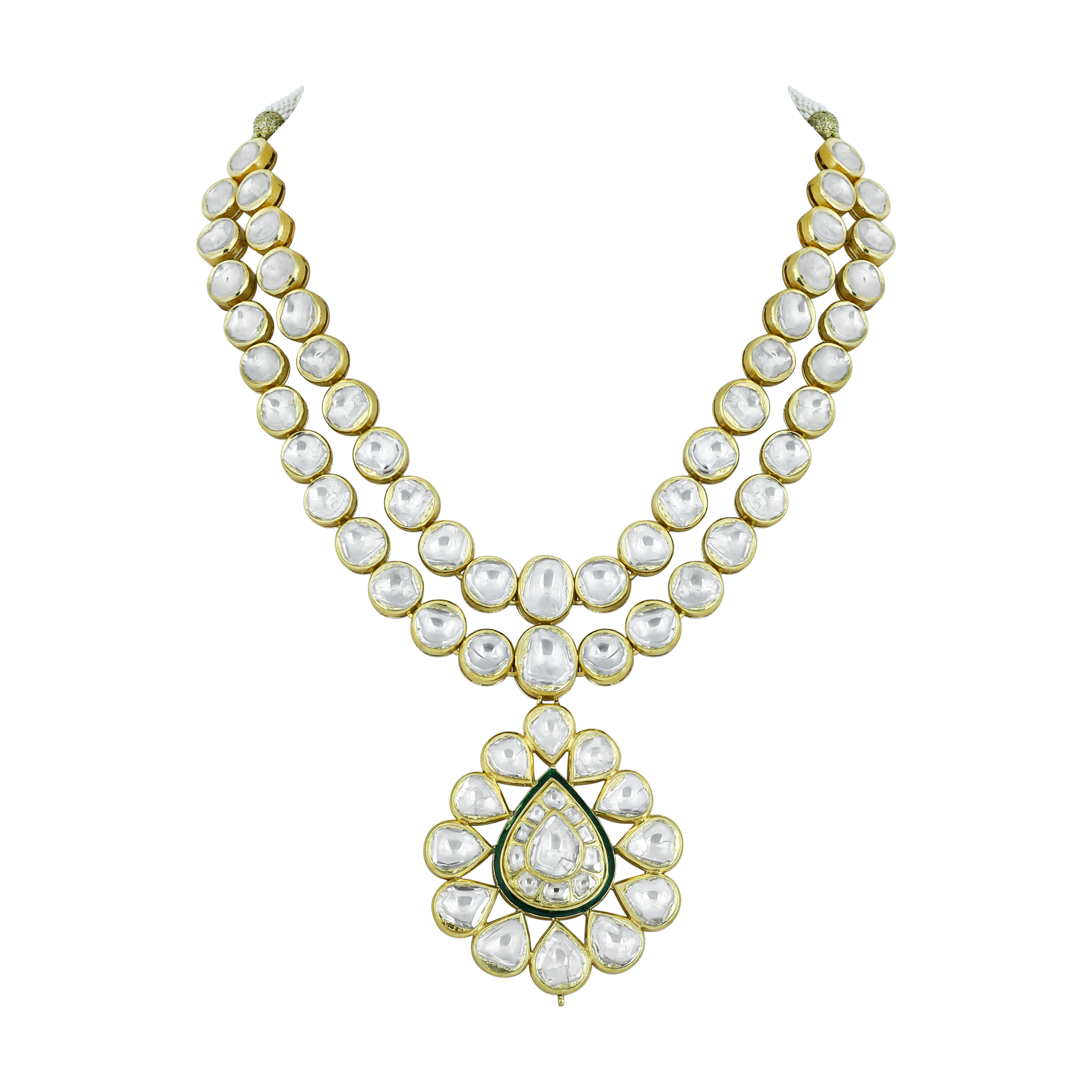 Double-Layer Polki Necklace with Floral Pendant