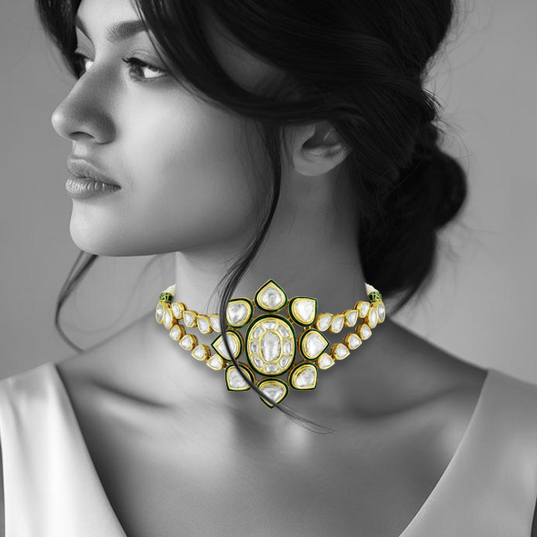 Flower Polki Choker with Green Enamel and Dual Polki Strings