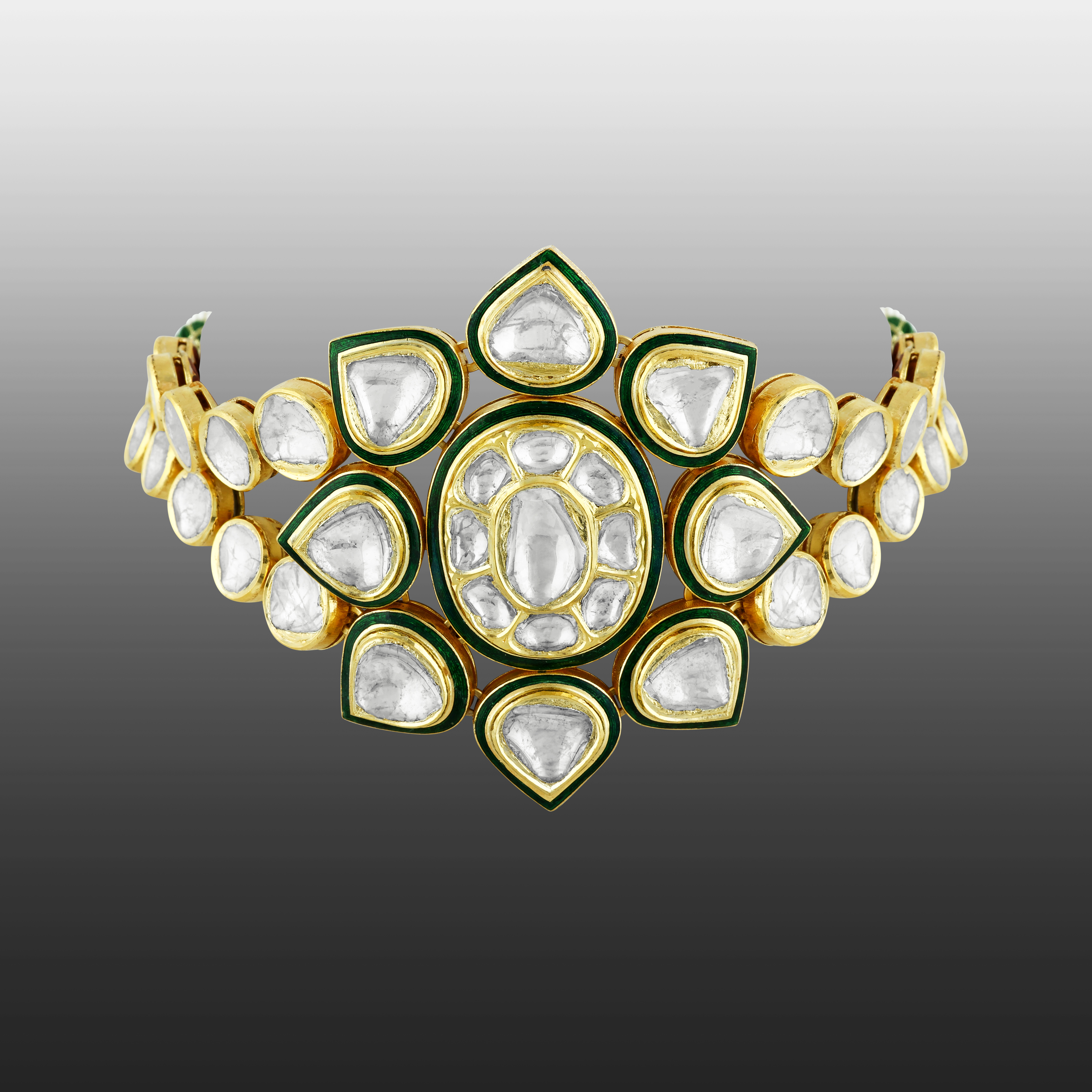 Floral Polki Choker with Green Enamel and Dual Polki Strings