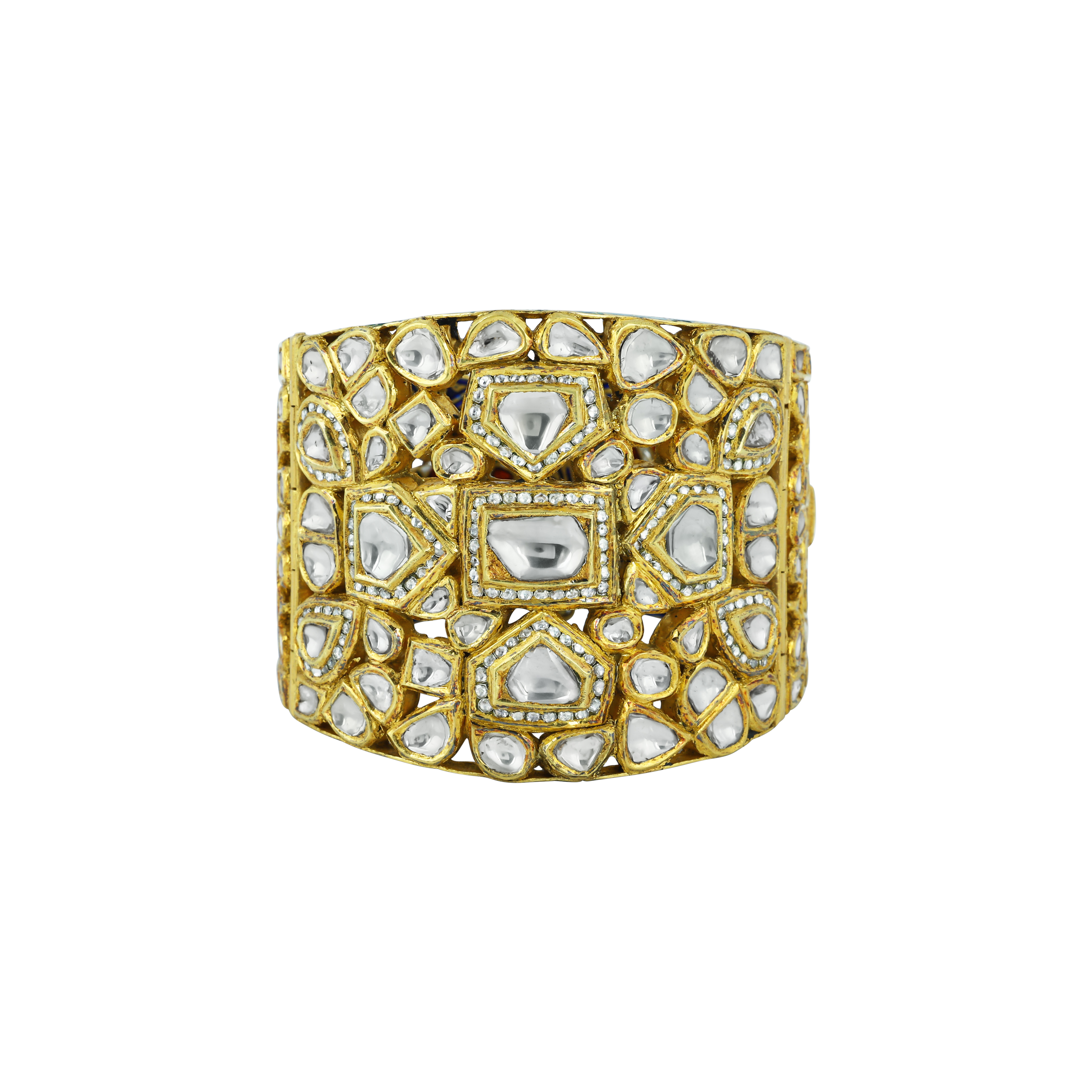 Broad Polki Cuff Bangle with Geometric Patterns