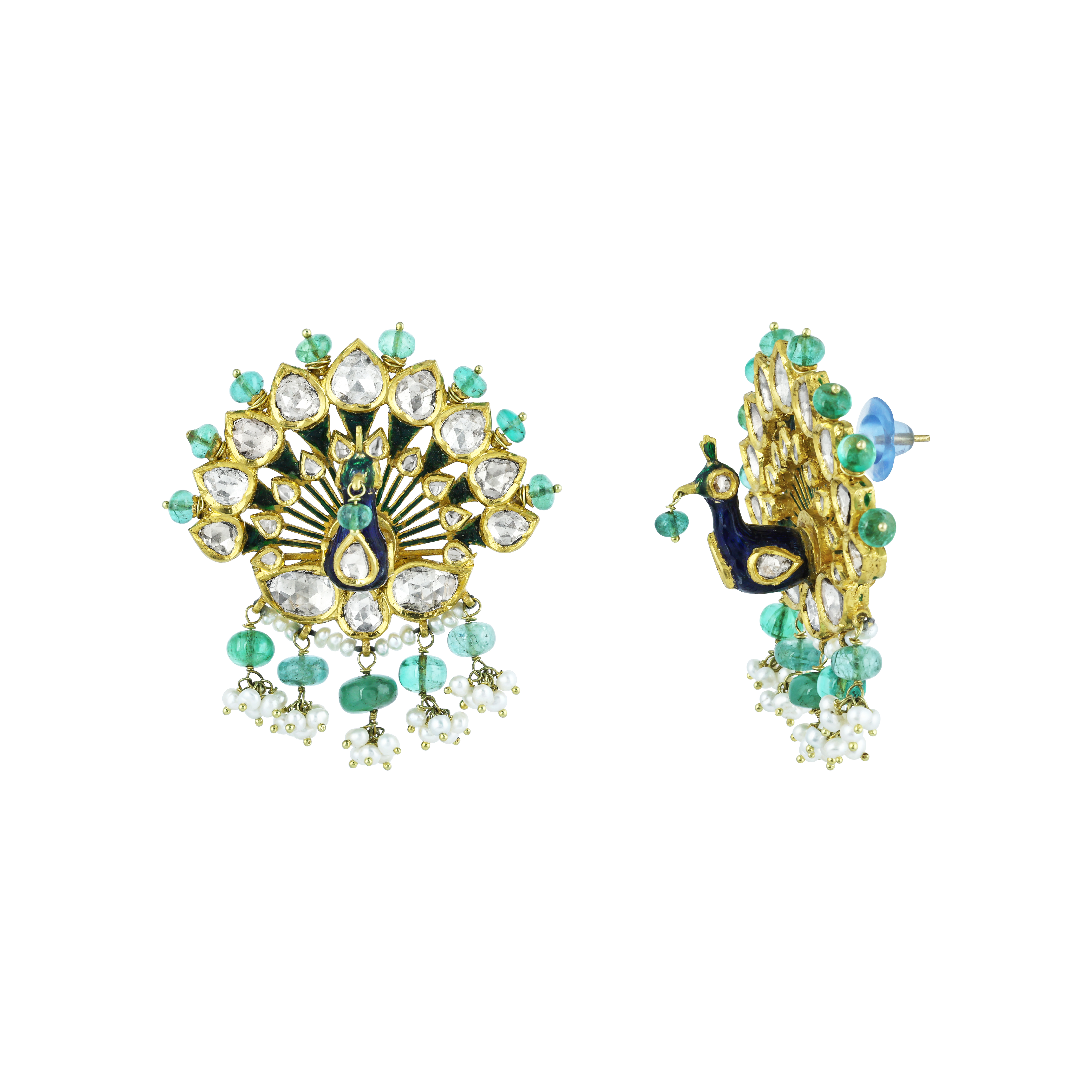 Peacock Polki Earrings with Emerald Beads and Pearl Cluster