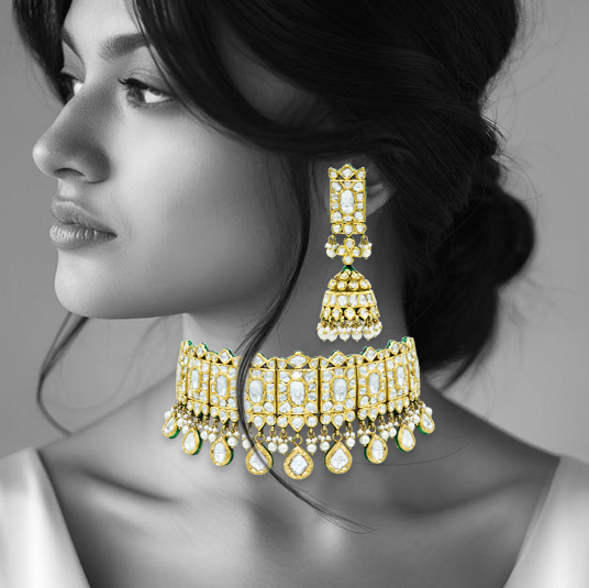 Polki Choker with Square and Teardrop Settings and Pearl Drops