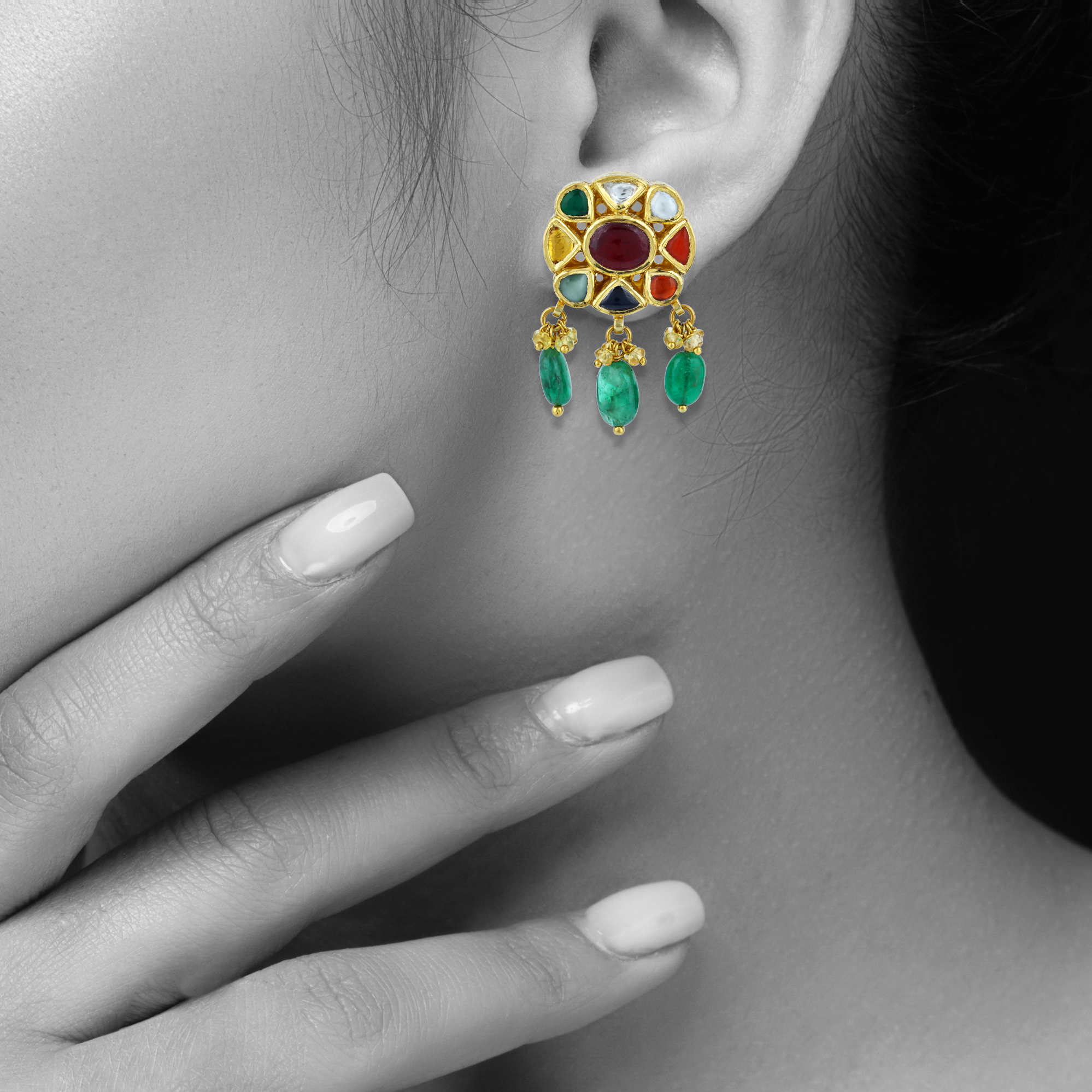 Floral Navratna Earrings with Multi-coloured Gemstones and Emerald Drops