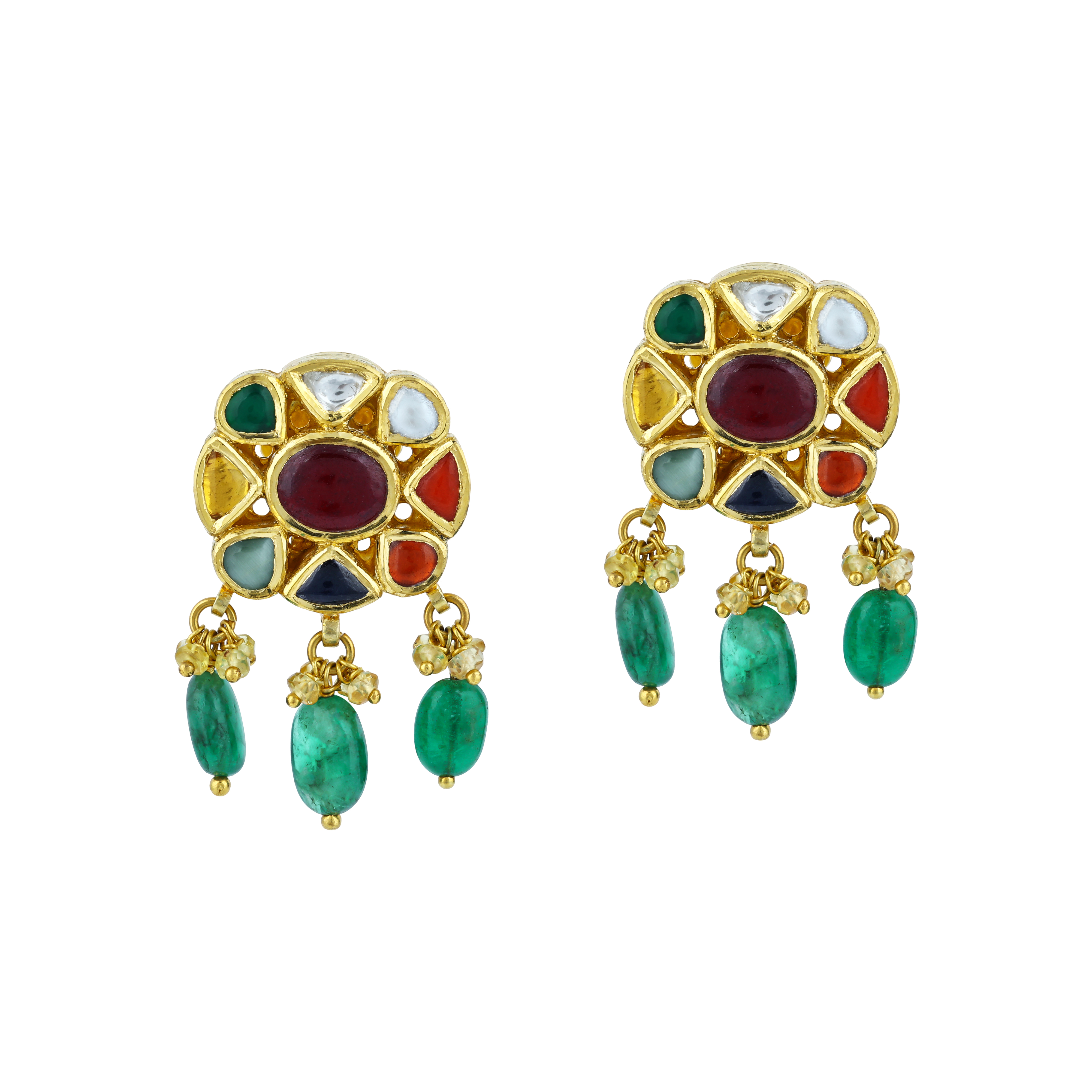 Floral Navratna Earrings with Multi-coloured Gemstones and Emerald Drops