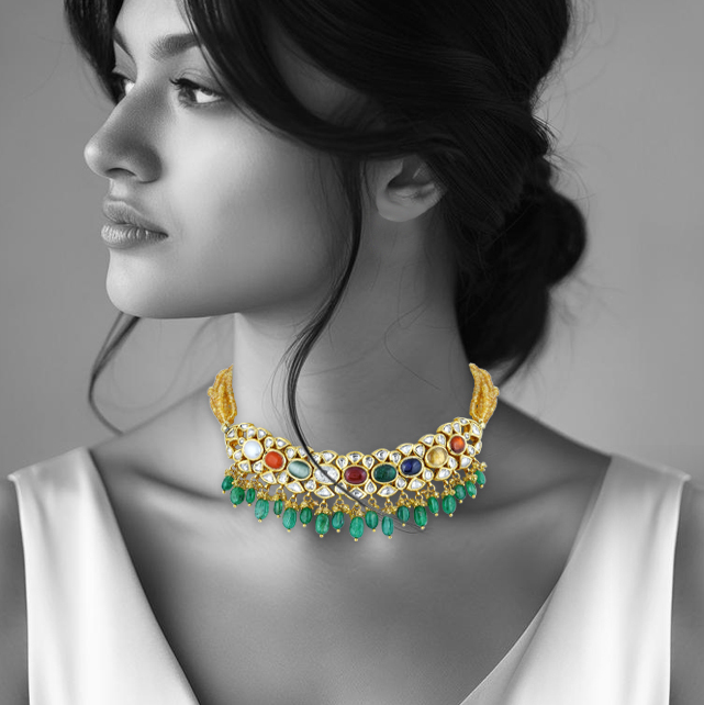 Navratana Choker with Polki Diamonds and Emerald Beads