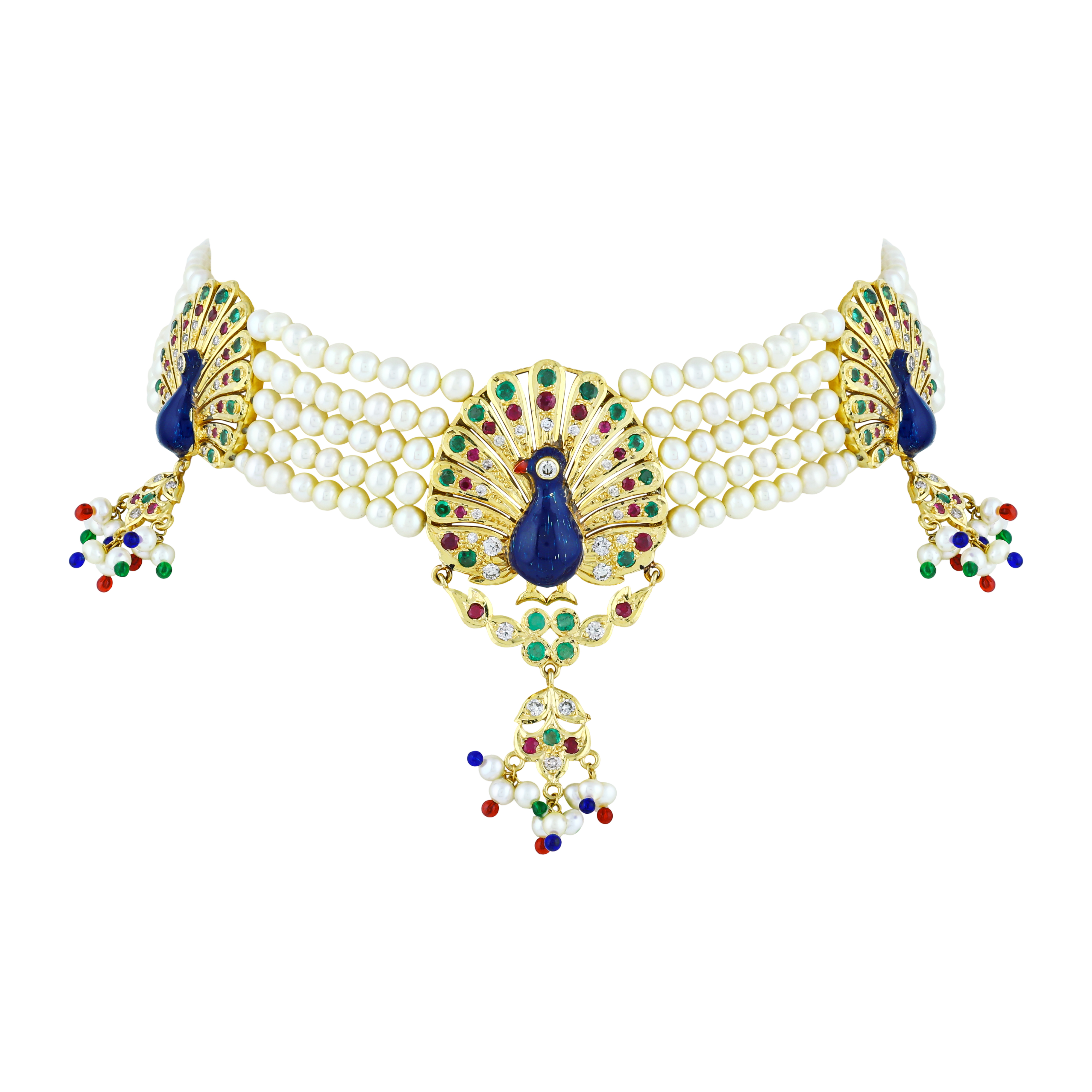 Peacock Enamel Pearl Choker with Gemstones & Bead Drops
