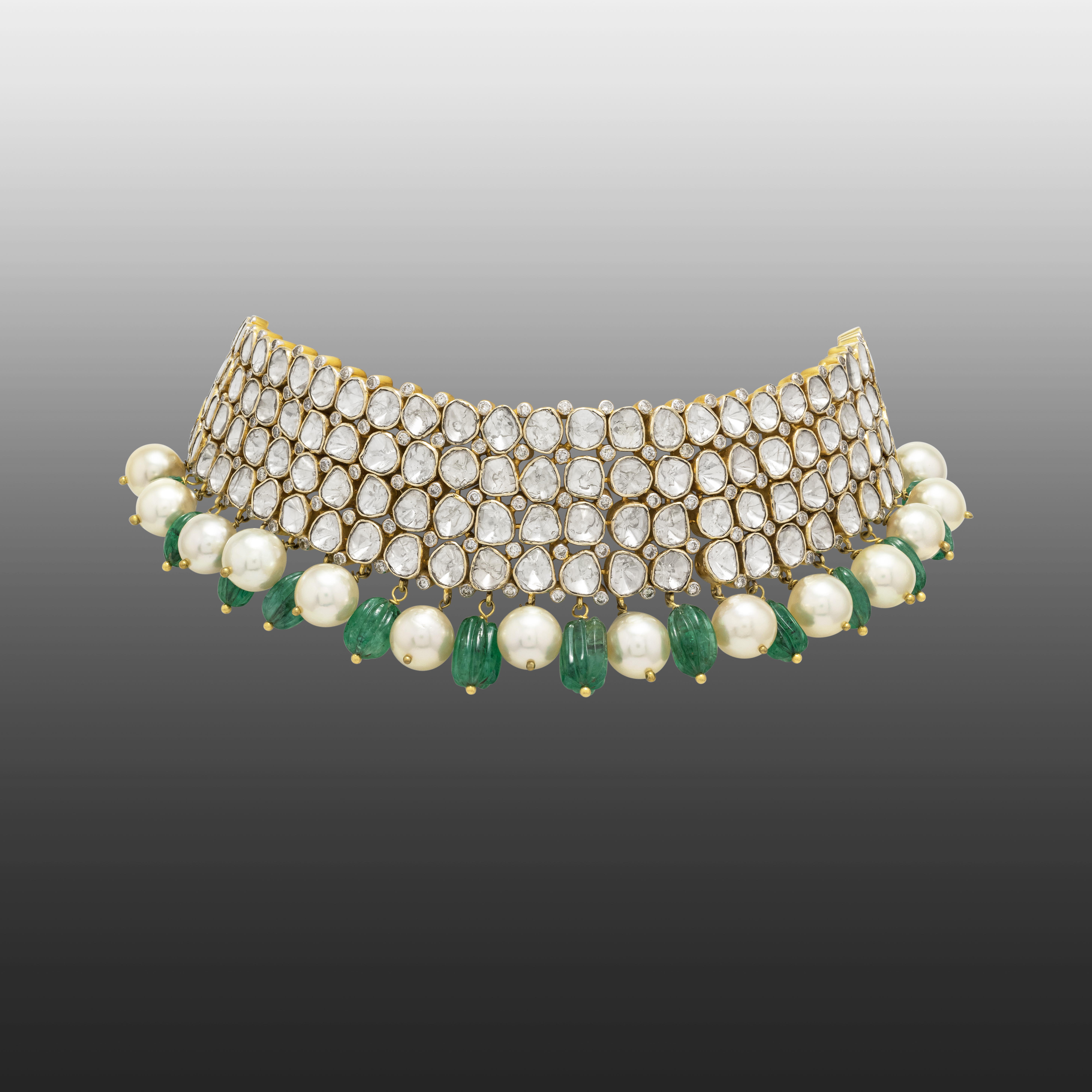Radiant Diamond Choker with Green Tumble Stones & Pearls