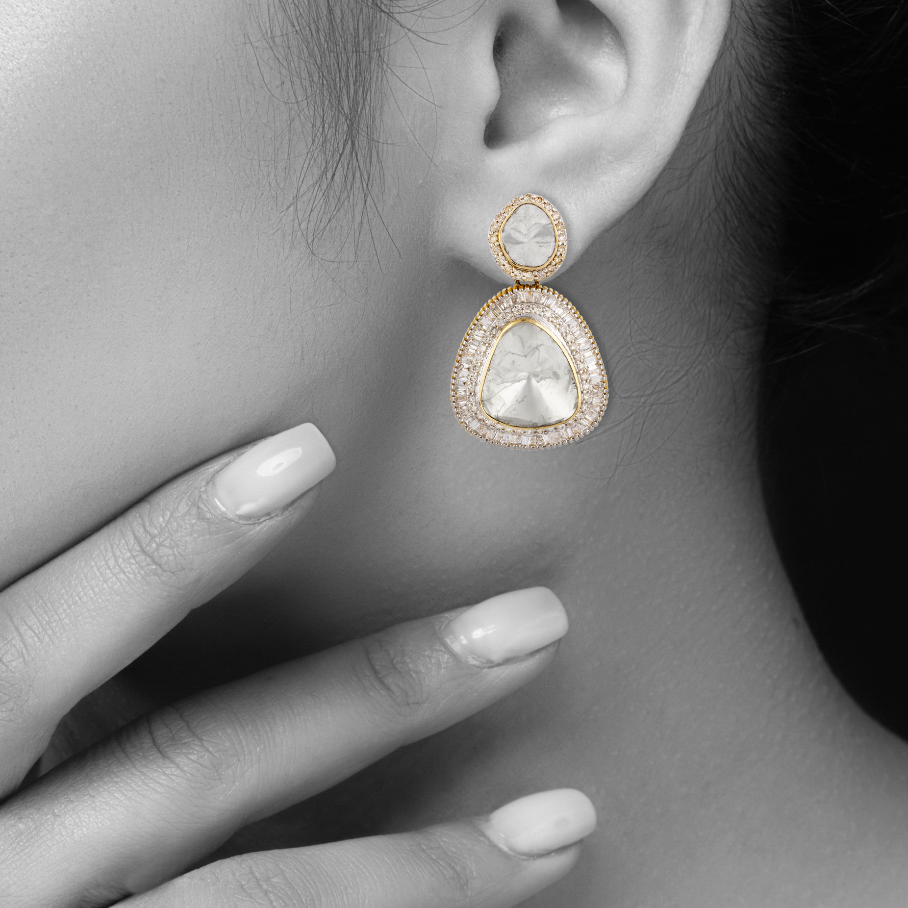Triangular Polki Earrings with Double-Tier Design