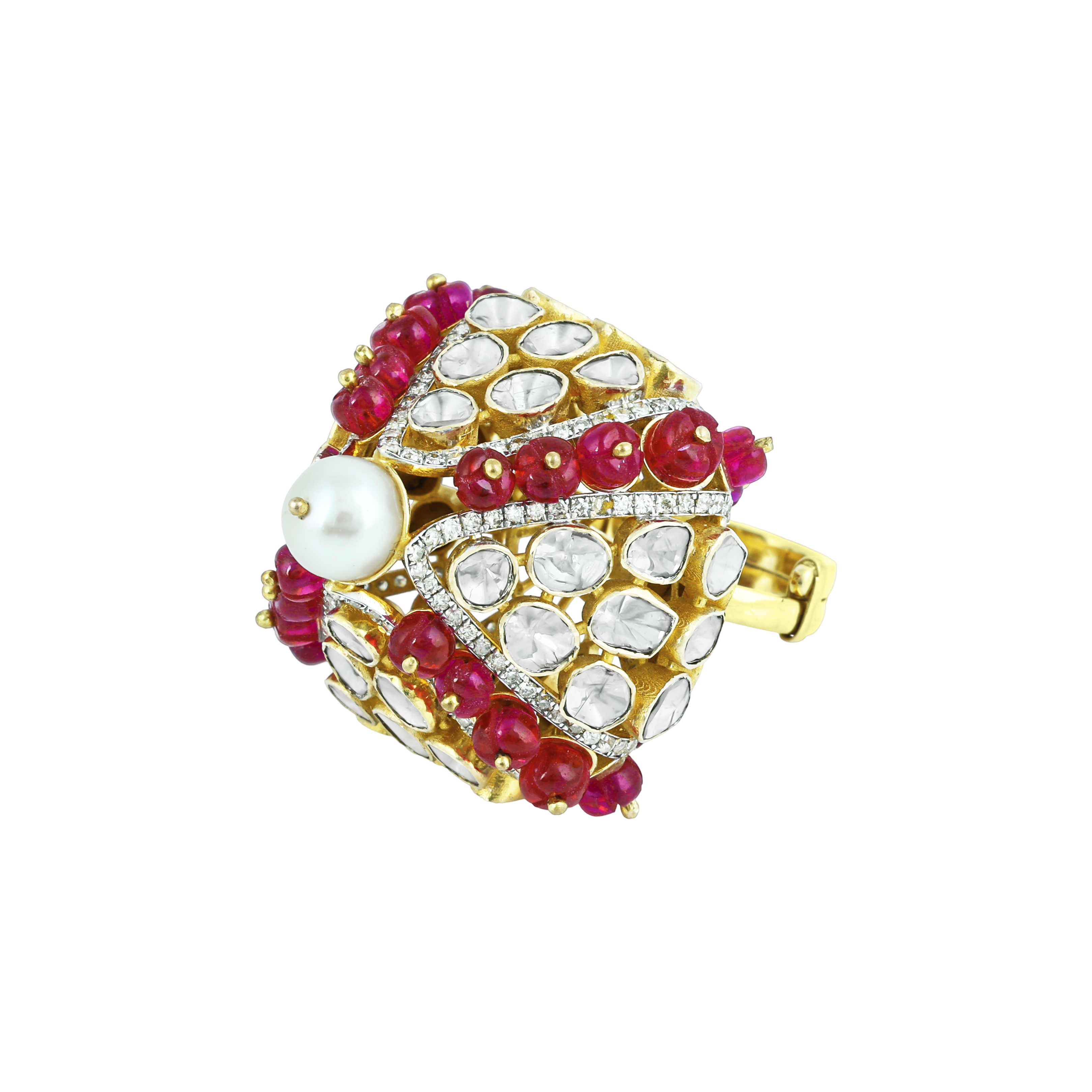 Bold Polki Ring with Central Pearl, Red Beads, and Uncut Diamonds