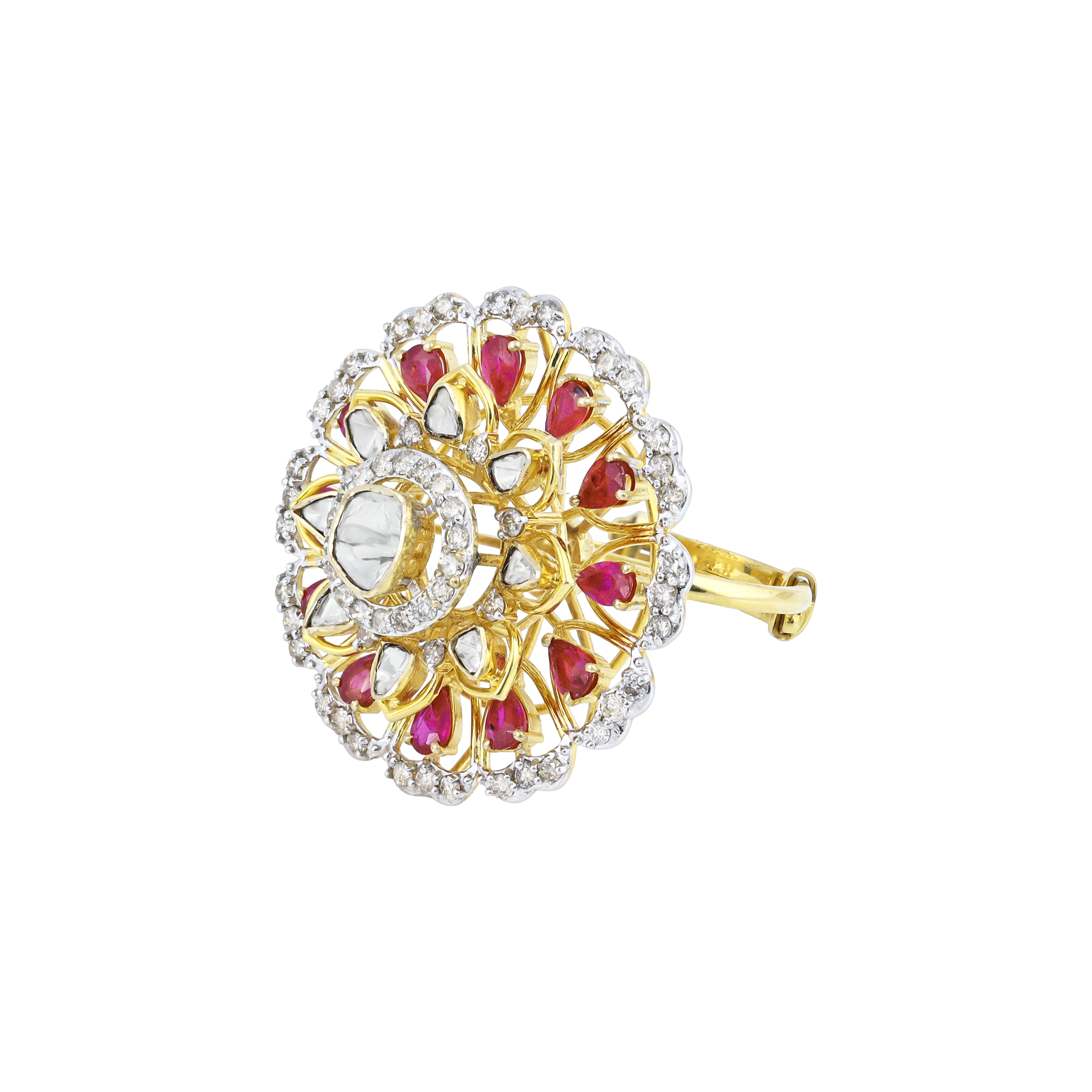 Polki Ring with Red Talaf and Diamond Floral Motif