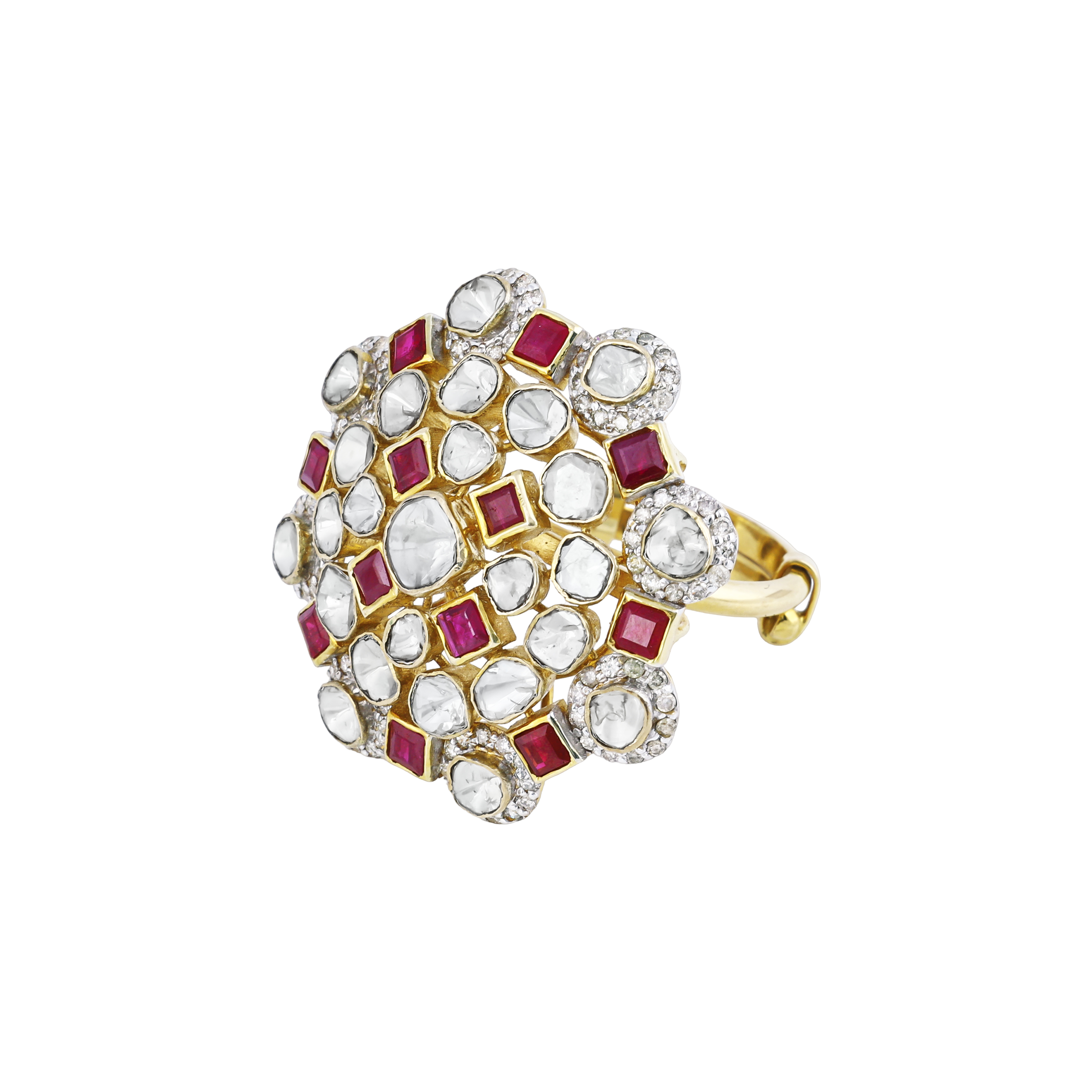 Floral Polki Ring with Square-Cut Red Stone and Diamond Border