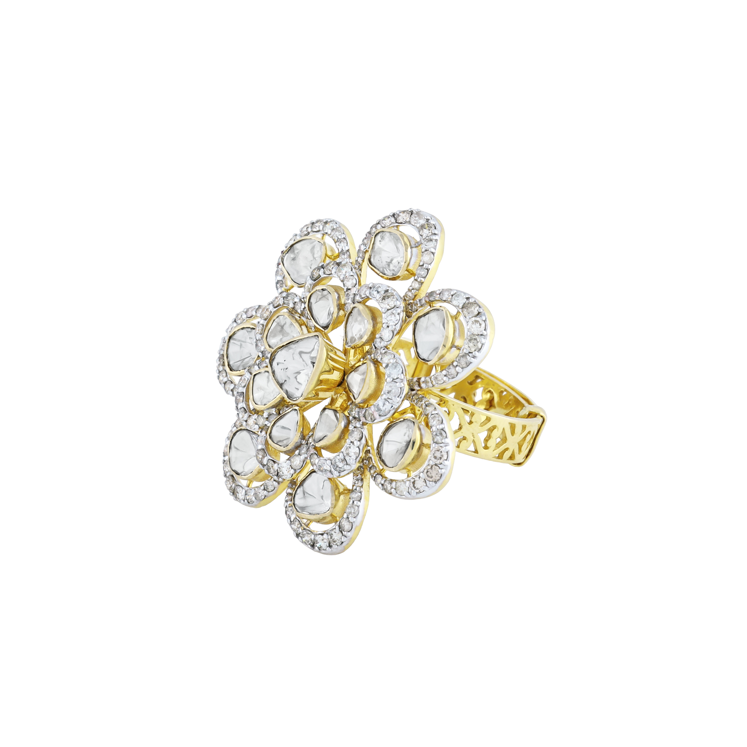 Full White Floral Polki Ring with Diamond Halo