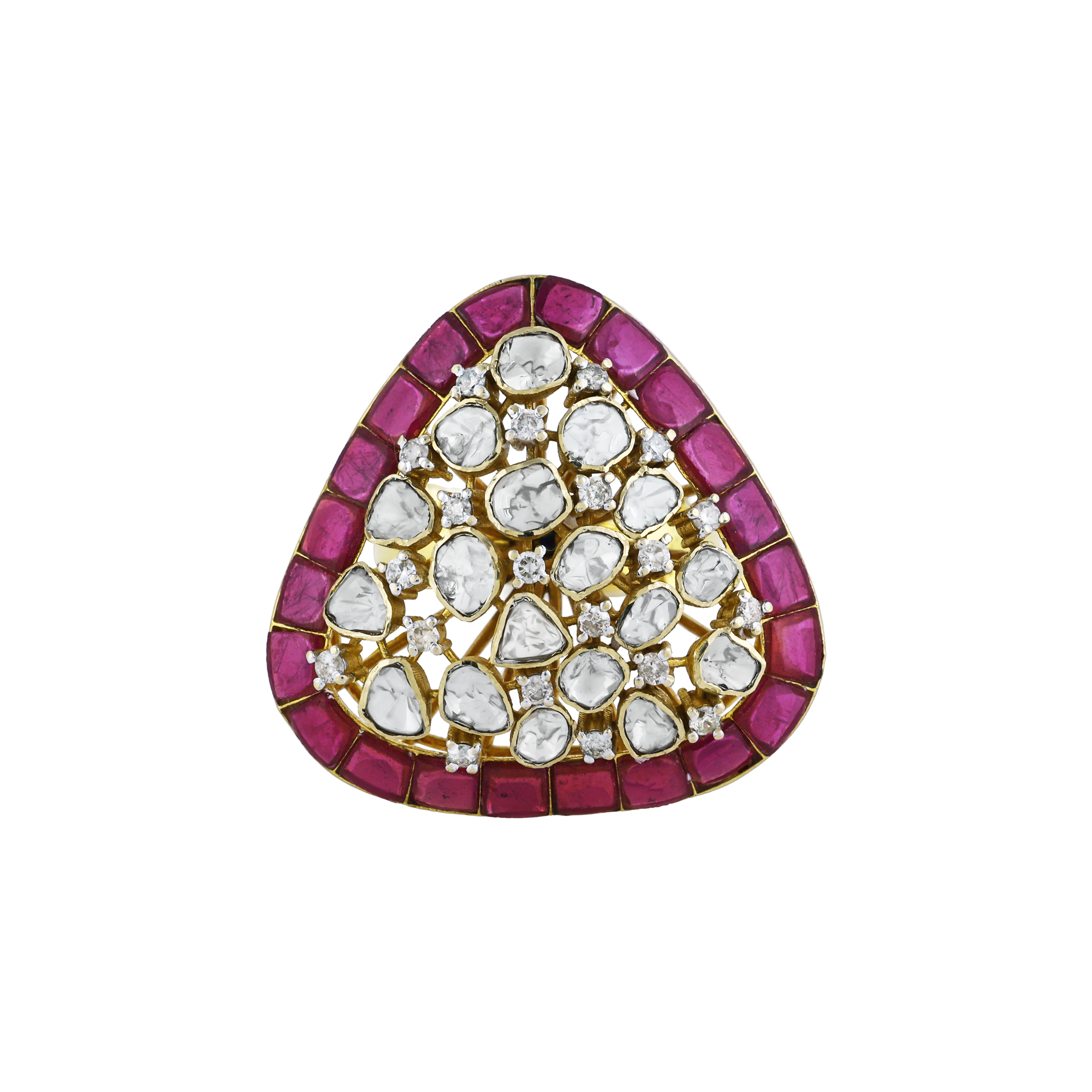 Triangular Polki Ring with Red Talaf and Diamond Cluster