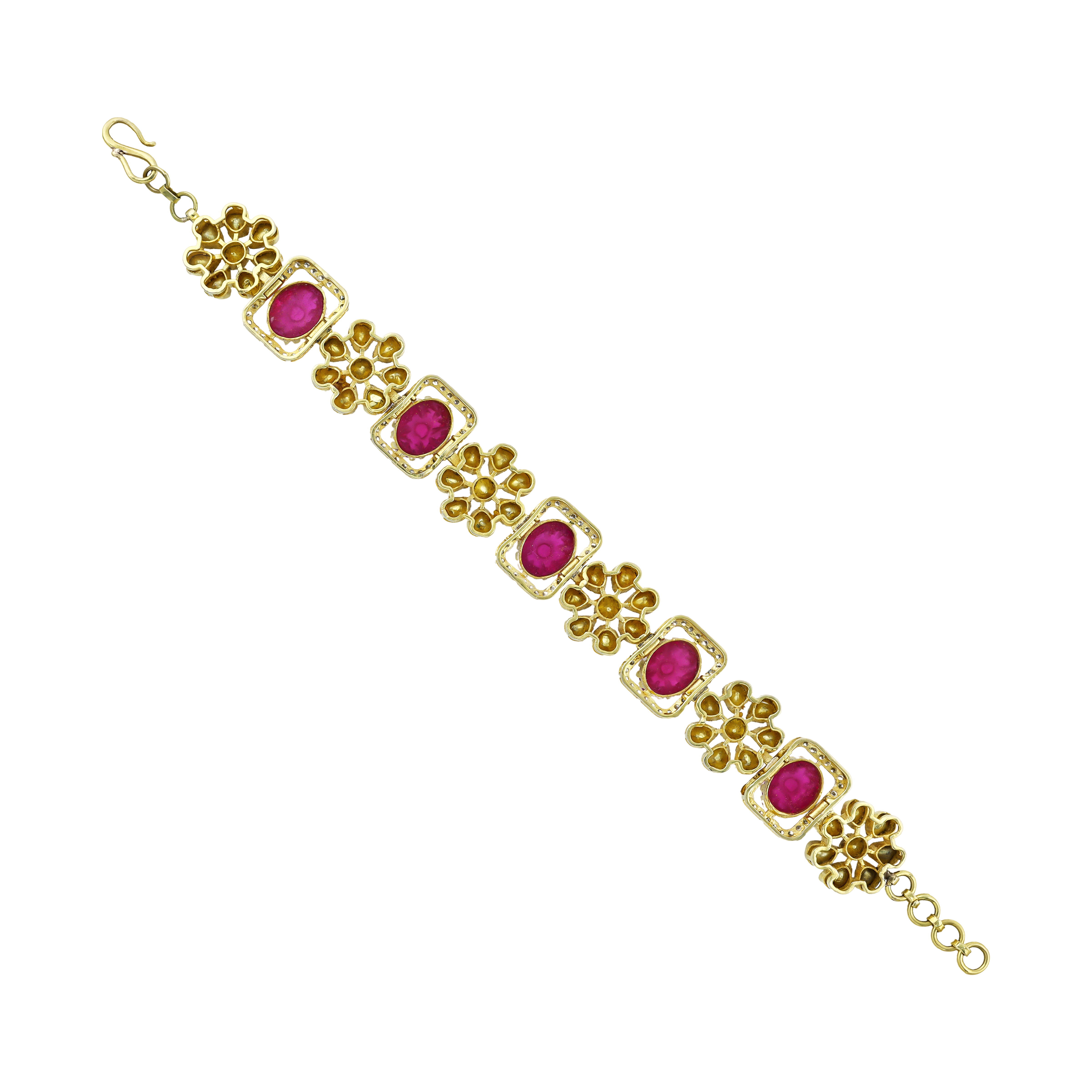 Red Colourstone Polki Bracelet with Diamond Halo and Floral Motifs