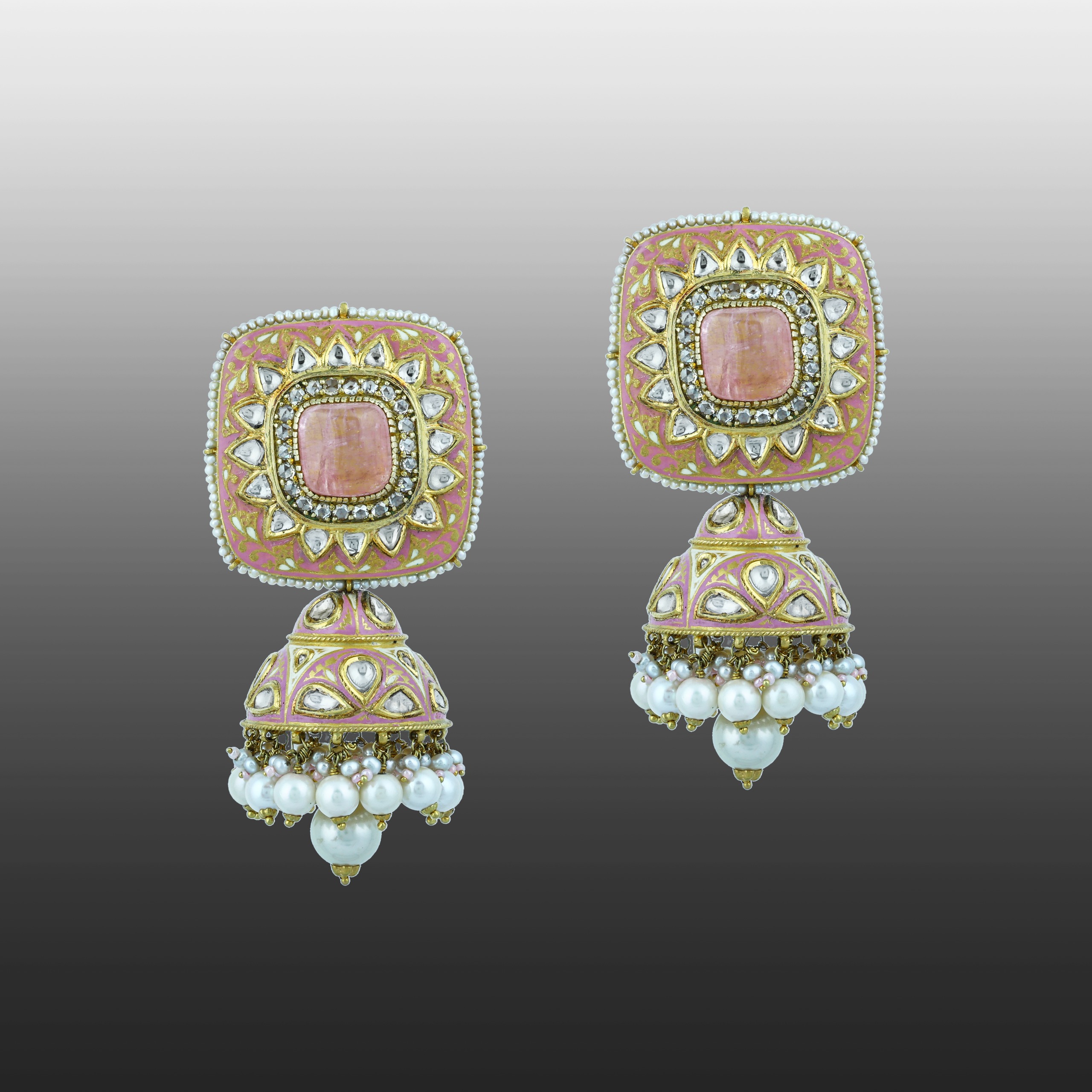 Rose Enamel Earrings with Square Polki and Pearl Drops