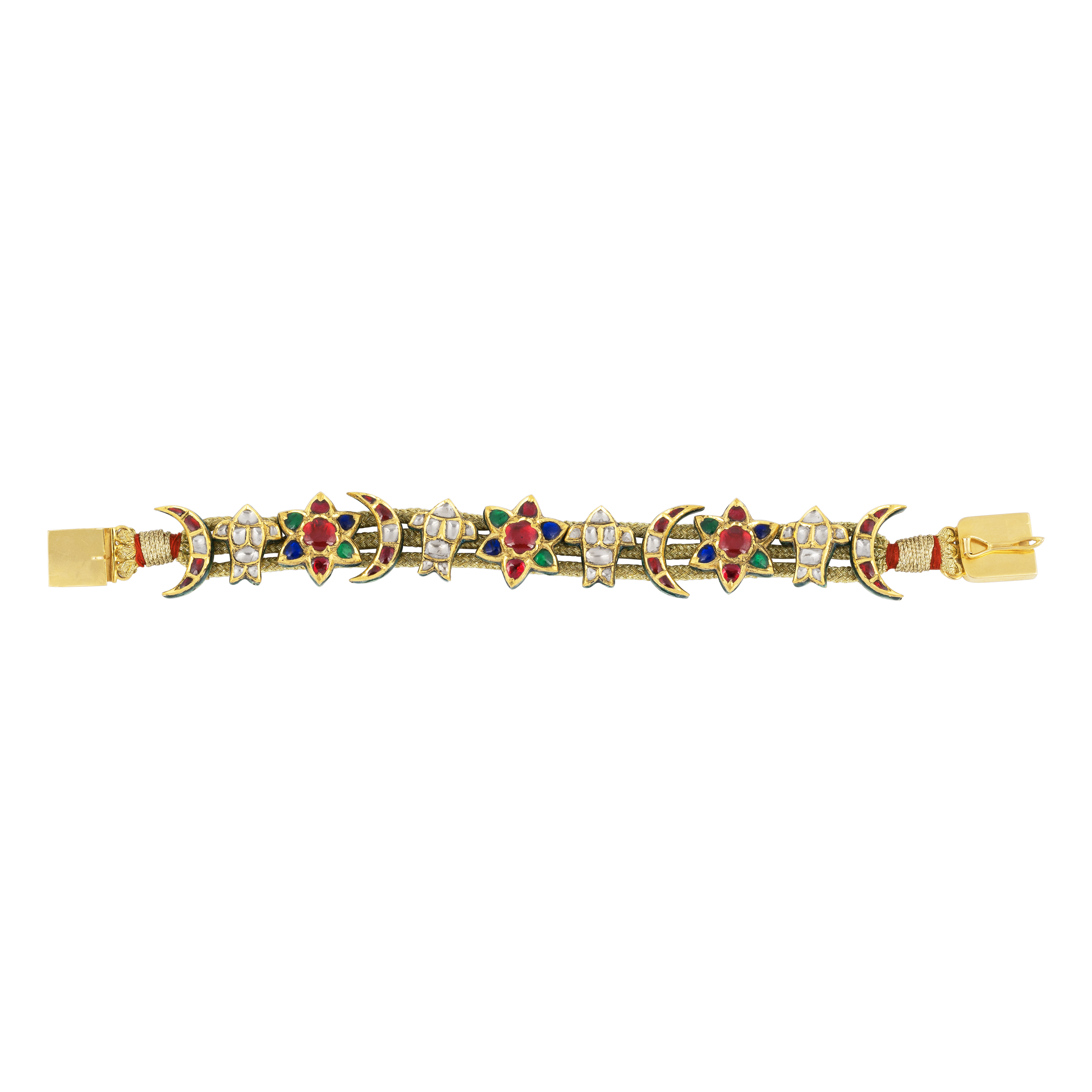 Floral & Crescent Motif Bracelet with Coloured Gemstones and Polki