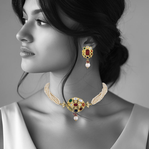 Navratna Choker with Pearl Strands ,Beads, and Celestial Gems