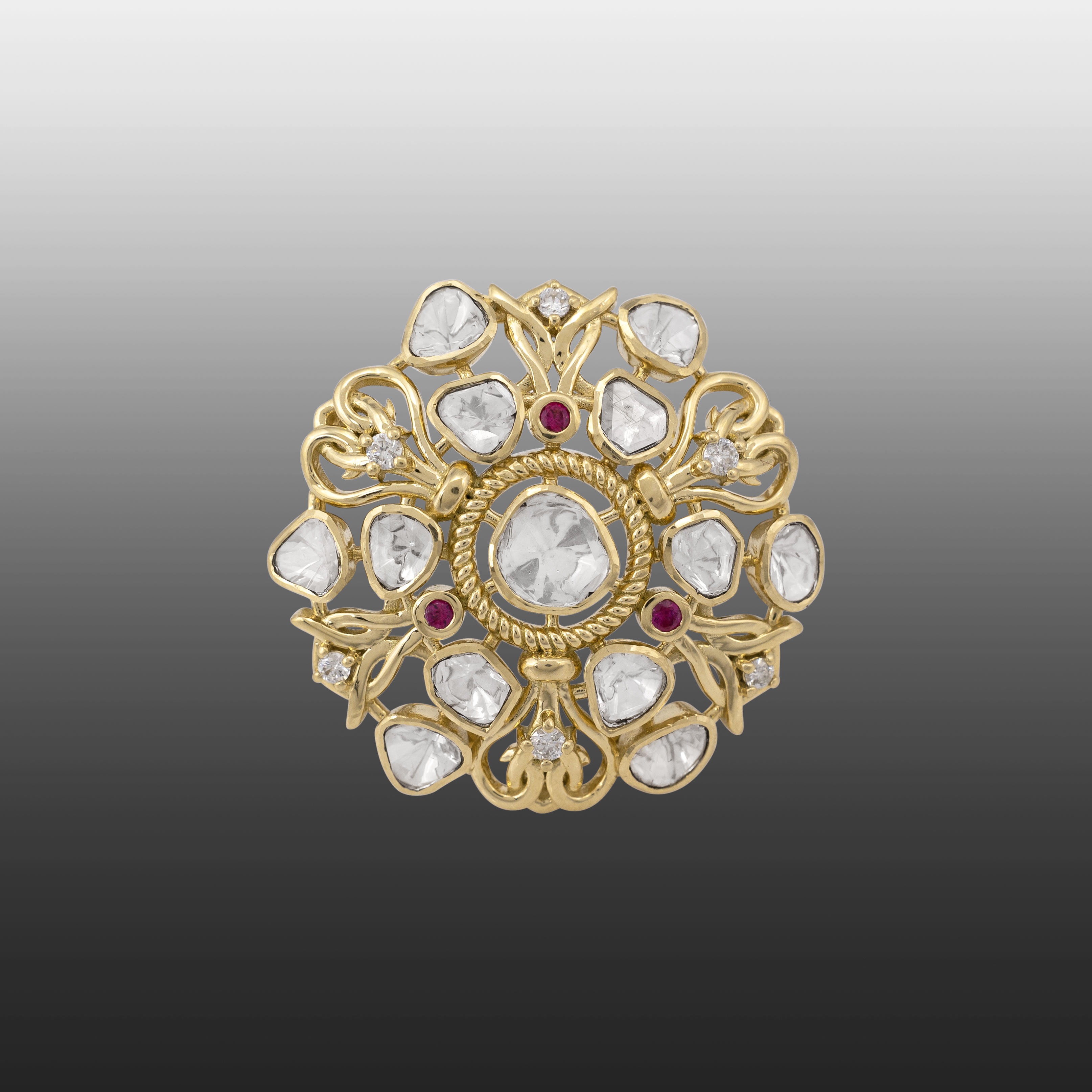 Floral Uncut Diamond Polki Ring with Red Accents