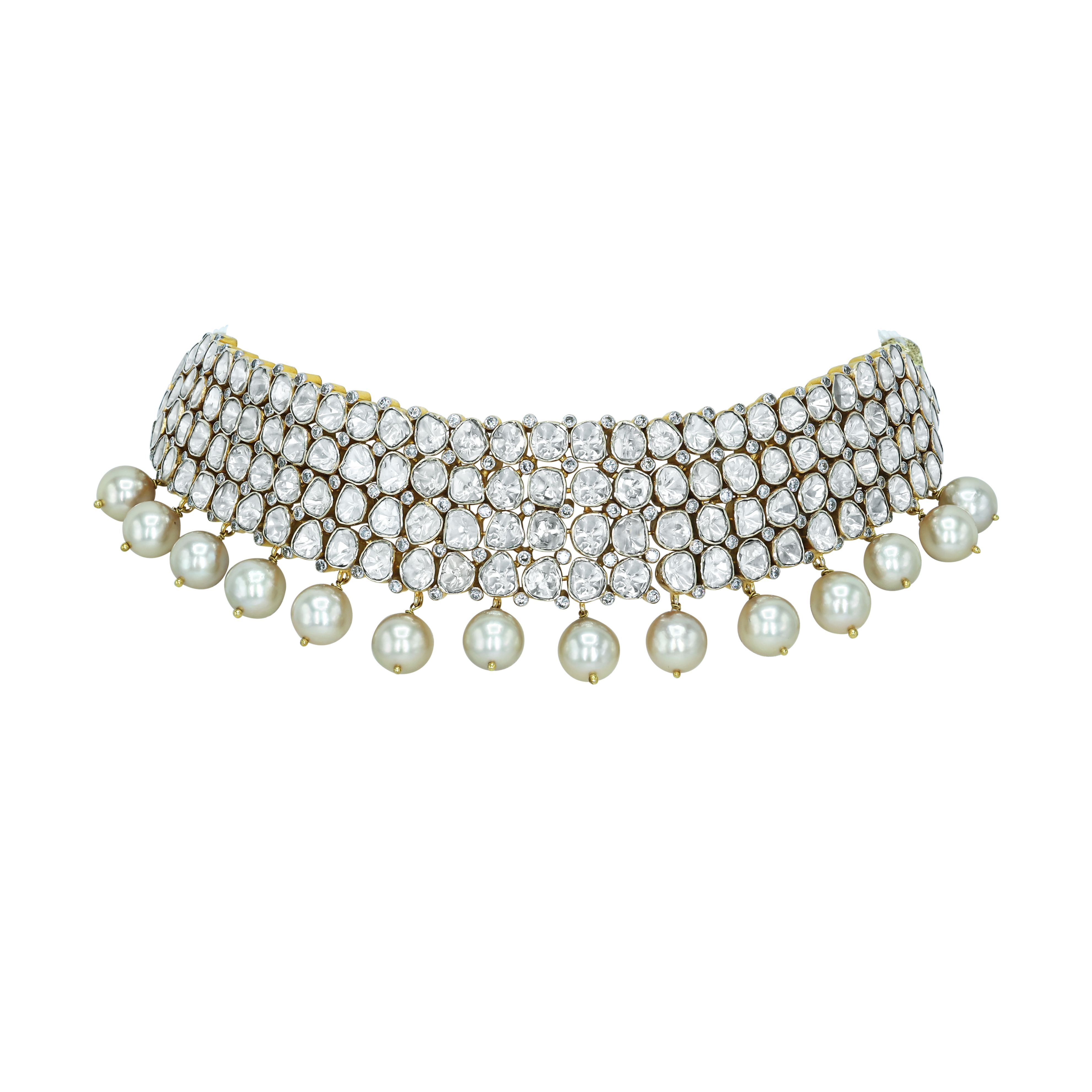 Polki Diamond Choker with Multi-Row Design and Pearl Drops