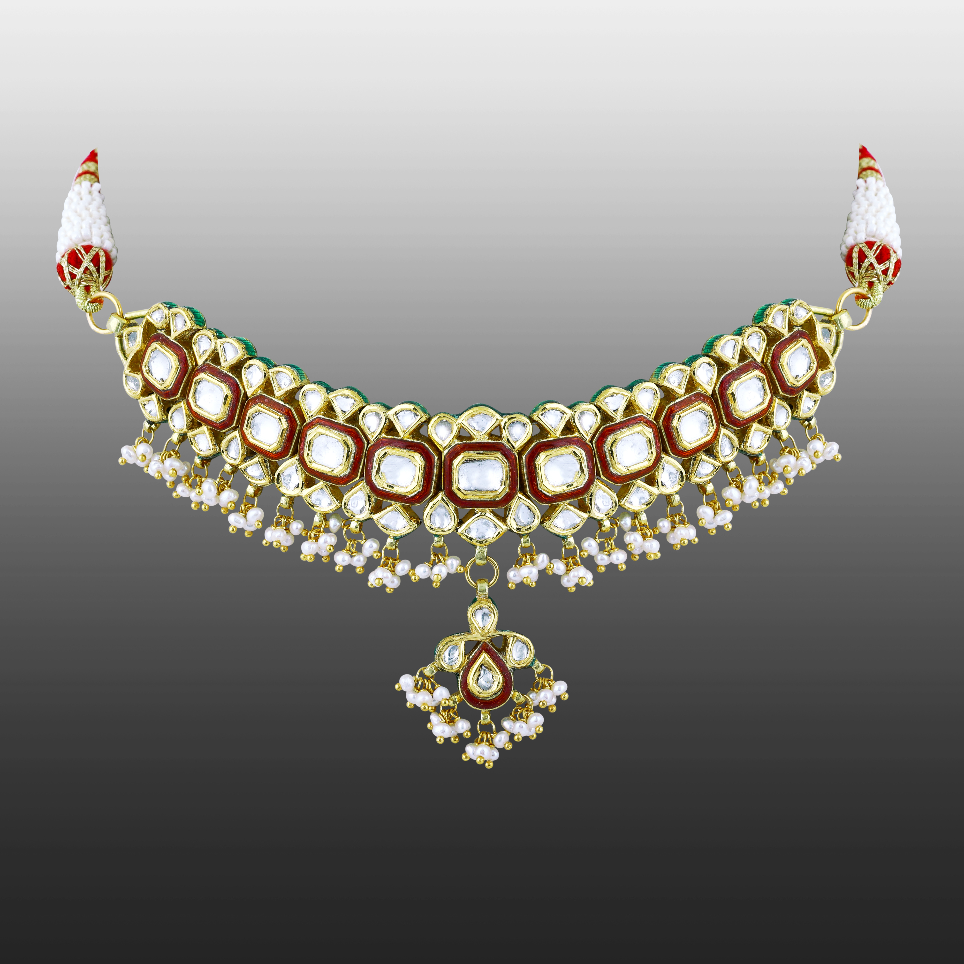 Polki Choker with Red Enamel and Graceful Pearl Clusters