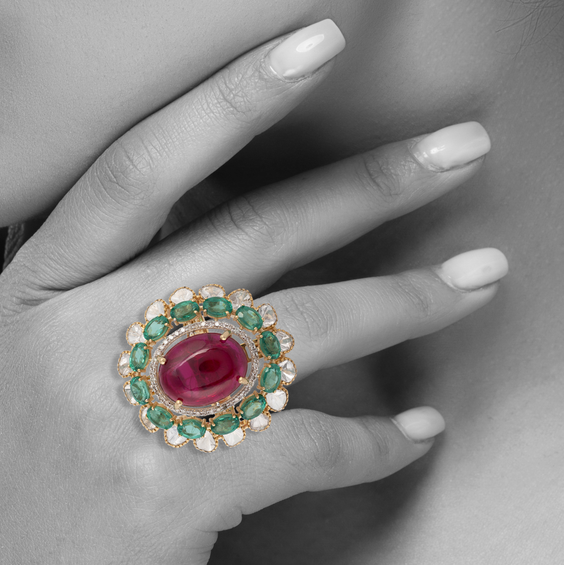 Regal Tourmaline with Green Cut Stone Ring in Open Polki