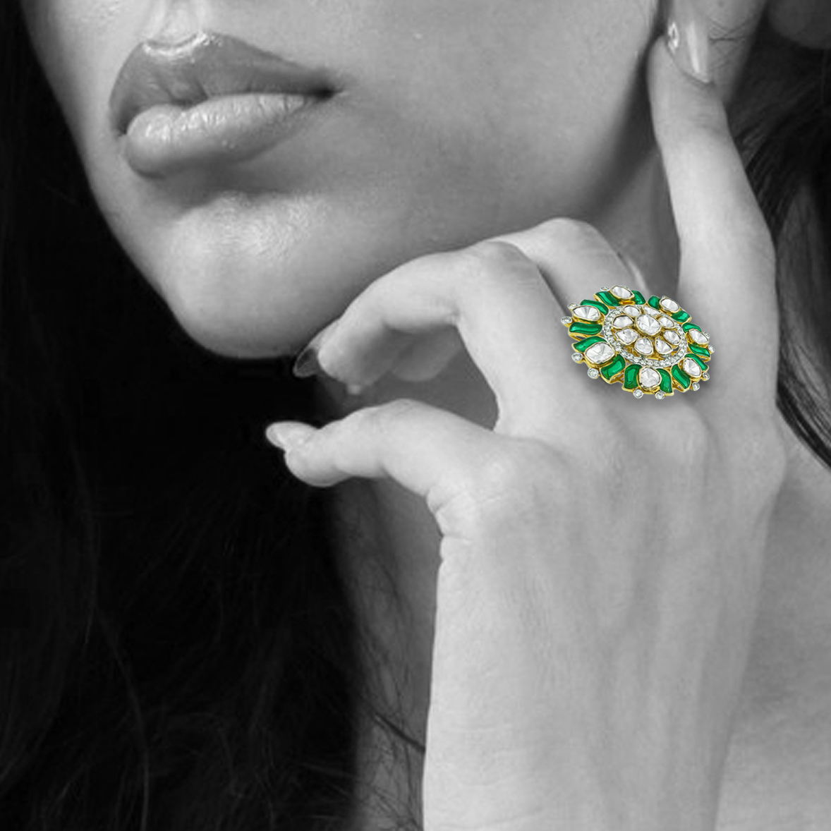Polki Statement Ring with Green Stone Accents