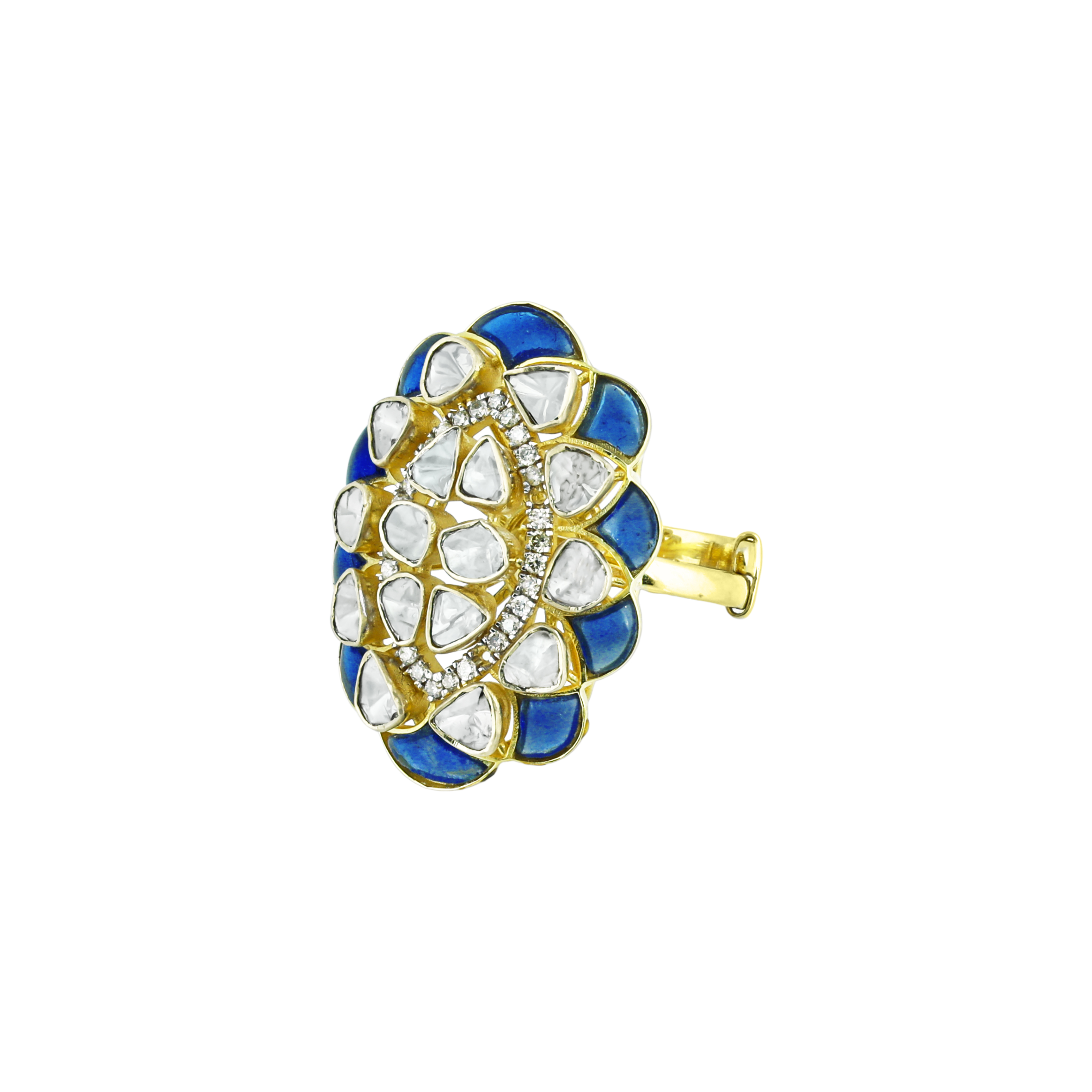 Floral Polki Ring with Blue Talaf and Diamonds