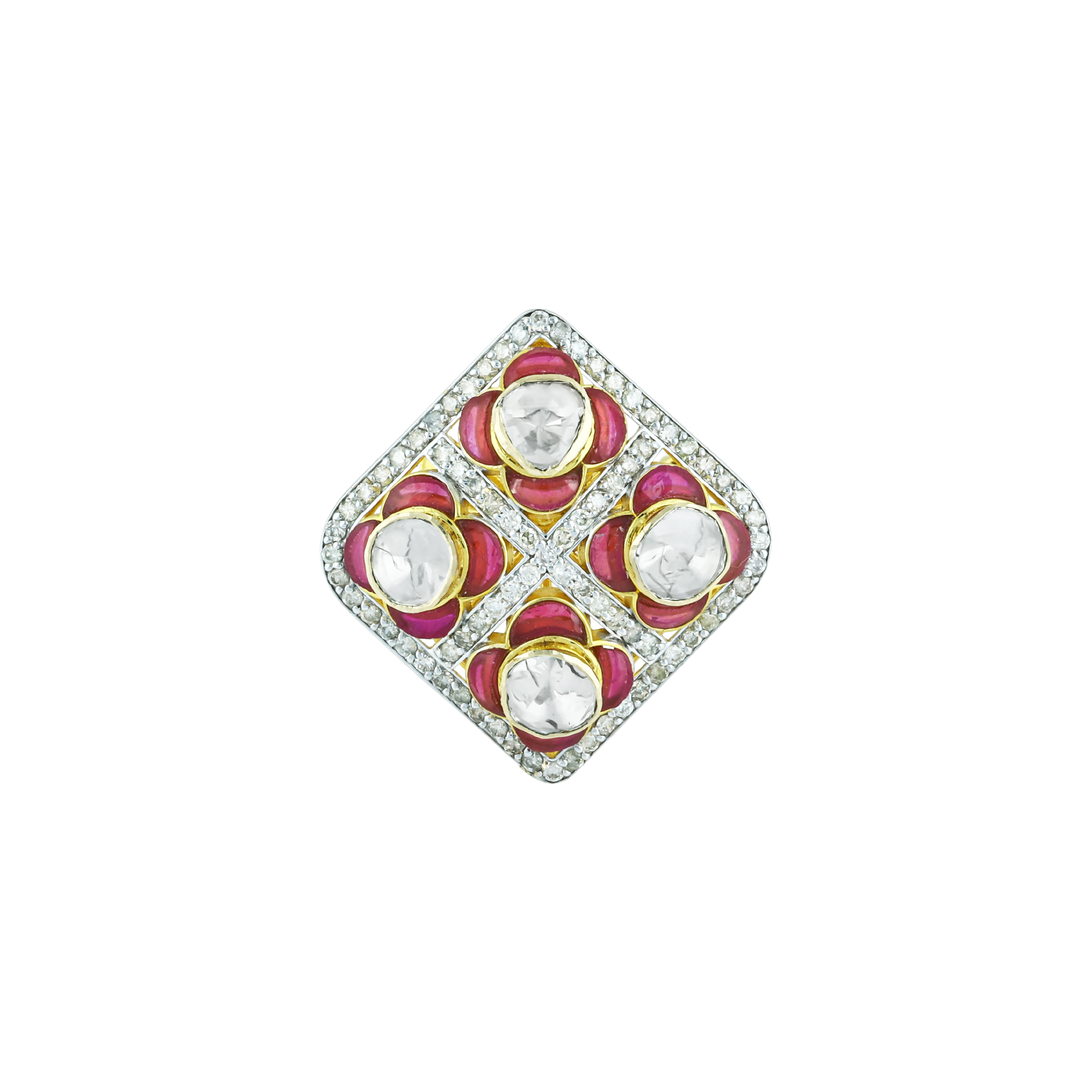 Square Polki Ring with Pink Enamel and Diamond Border