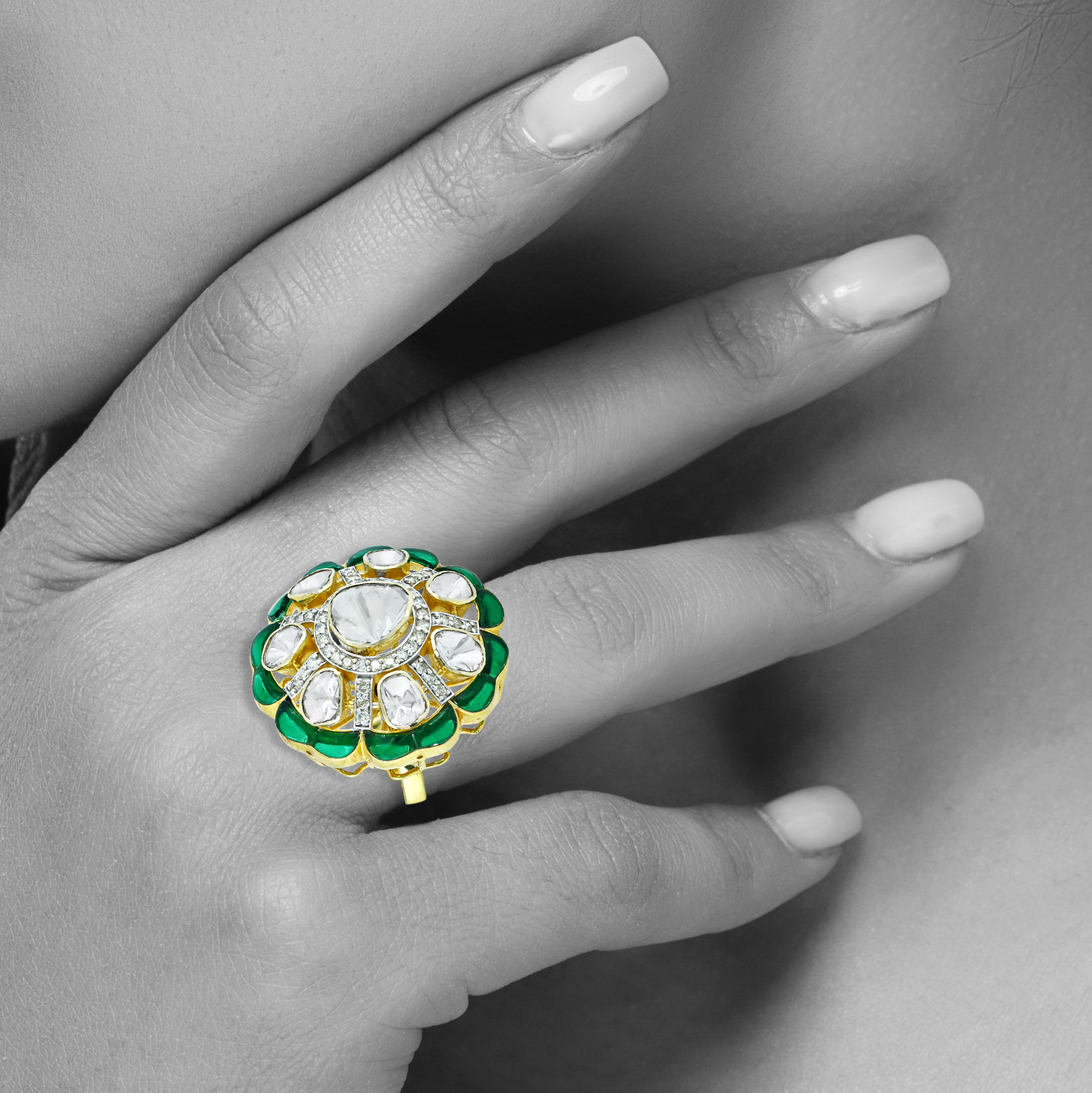 Statement Polki Ring with Green Talaf and Diamond Accents