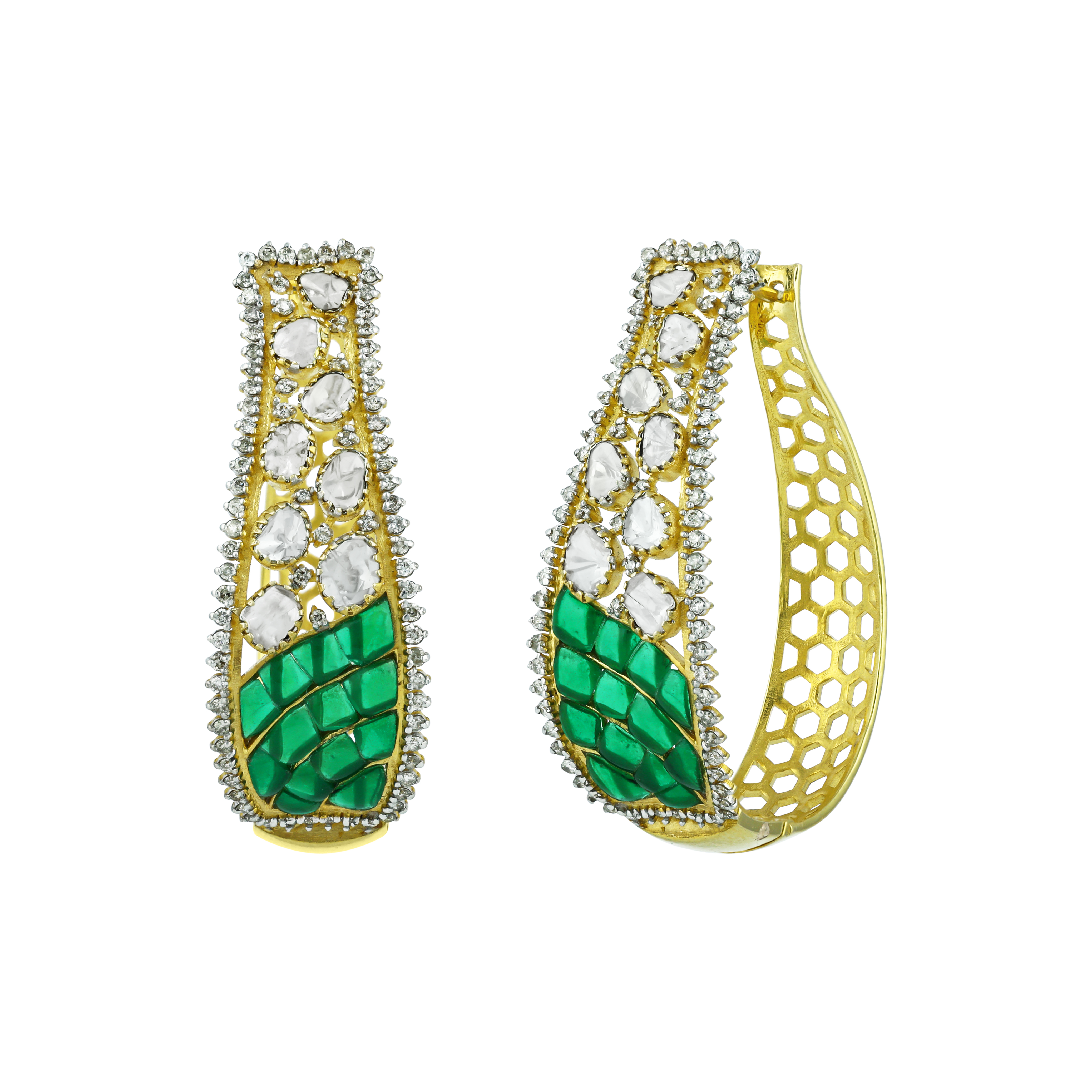 Polki Hoop Earrings with Emerald Talaf and Diamonds