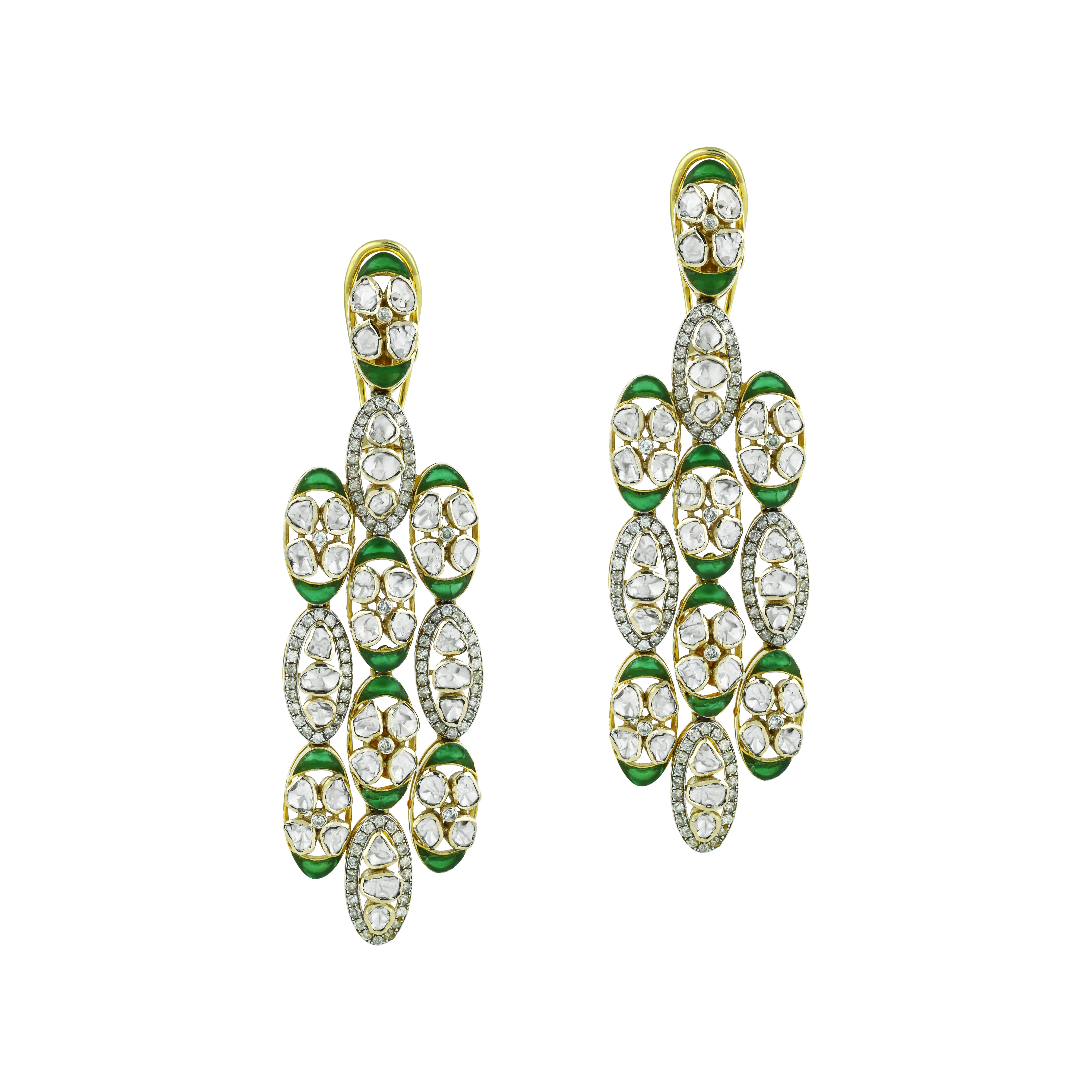 Polki Earrings with Green Stones and Elongated Oval Design