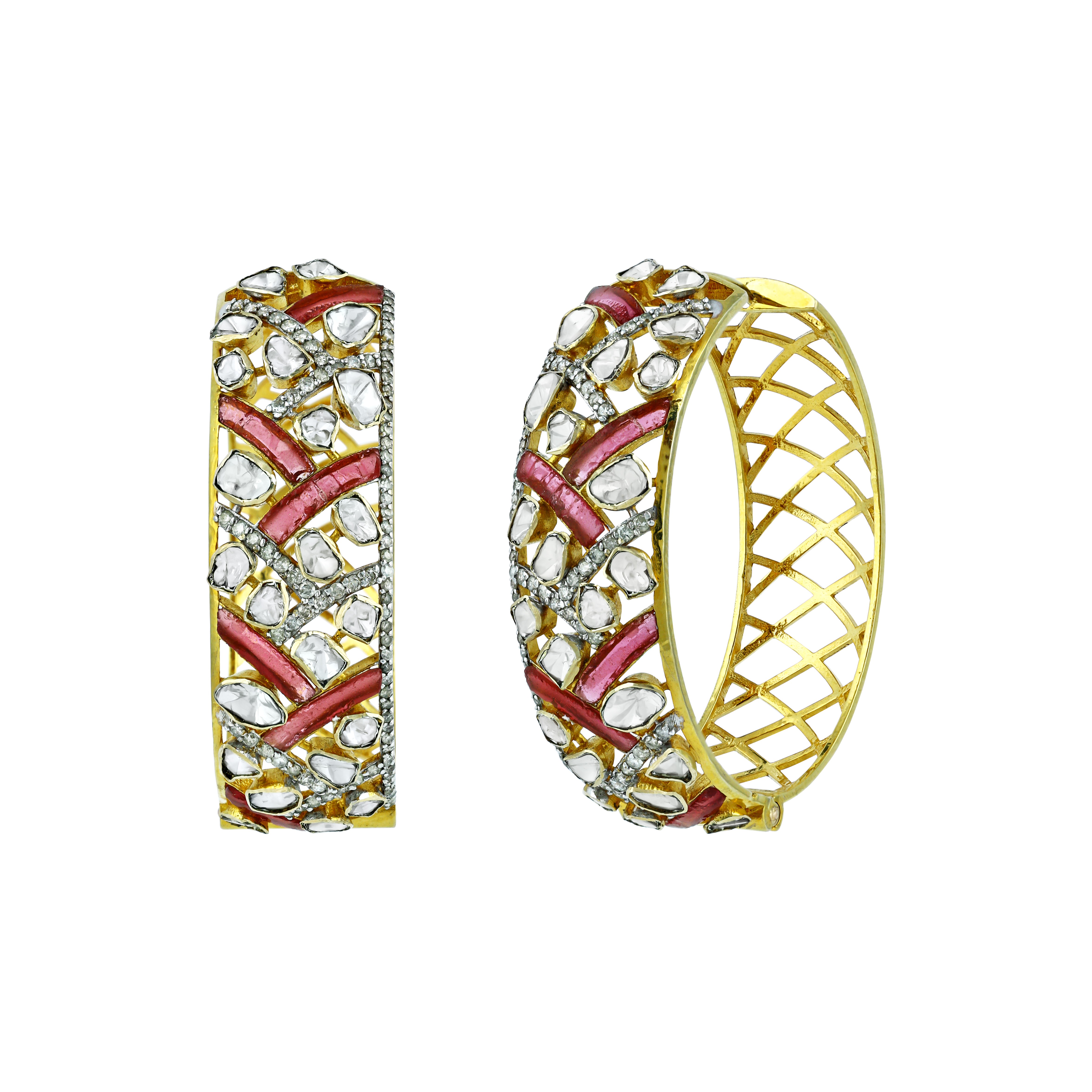 Wide Polki Hoops with Red Gemstones and Chevron Pattern