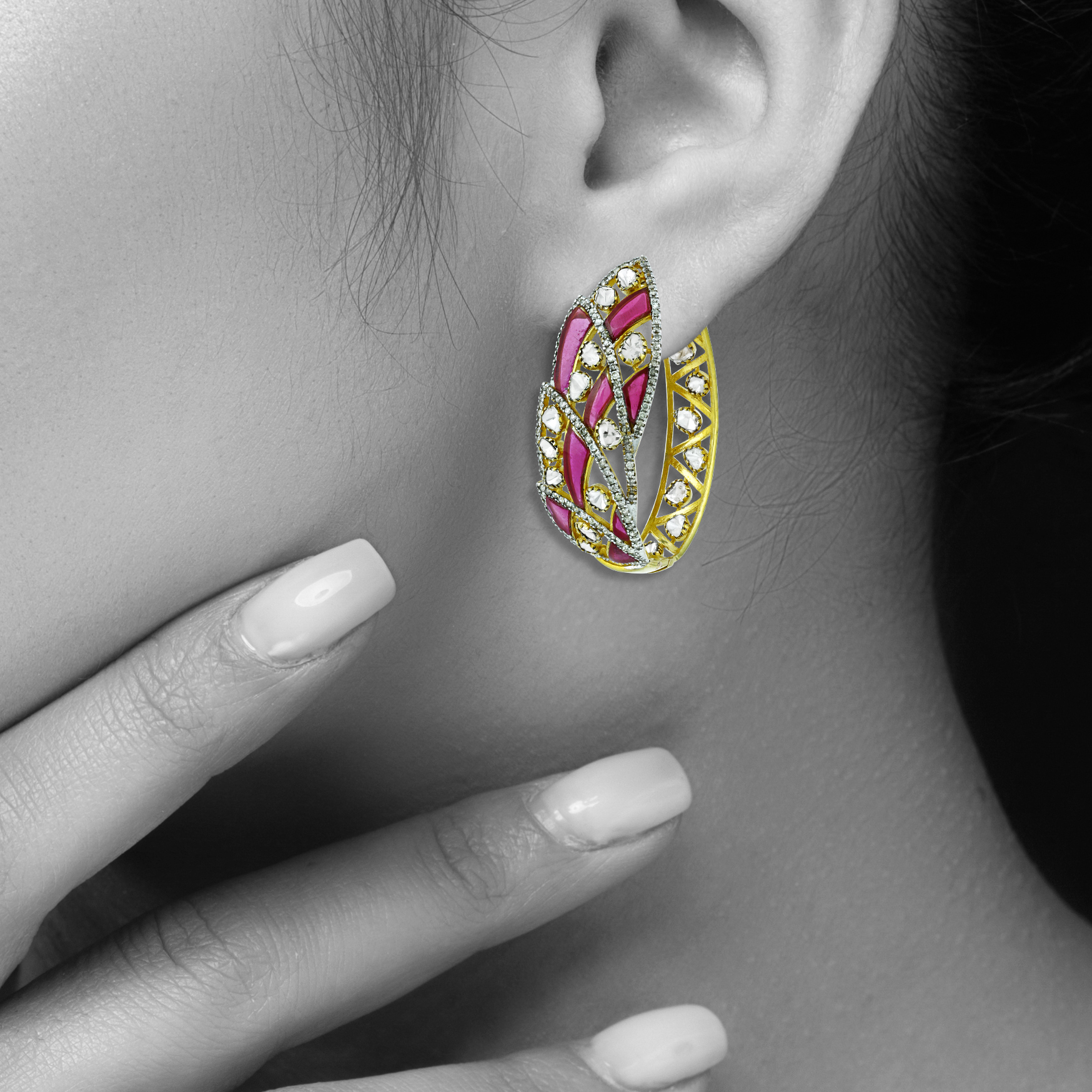 Polki Hoop Earrings with Pink Stones and Leaf-Inspired Design
