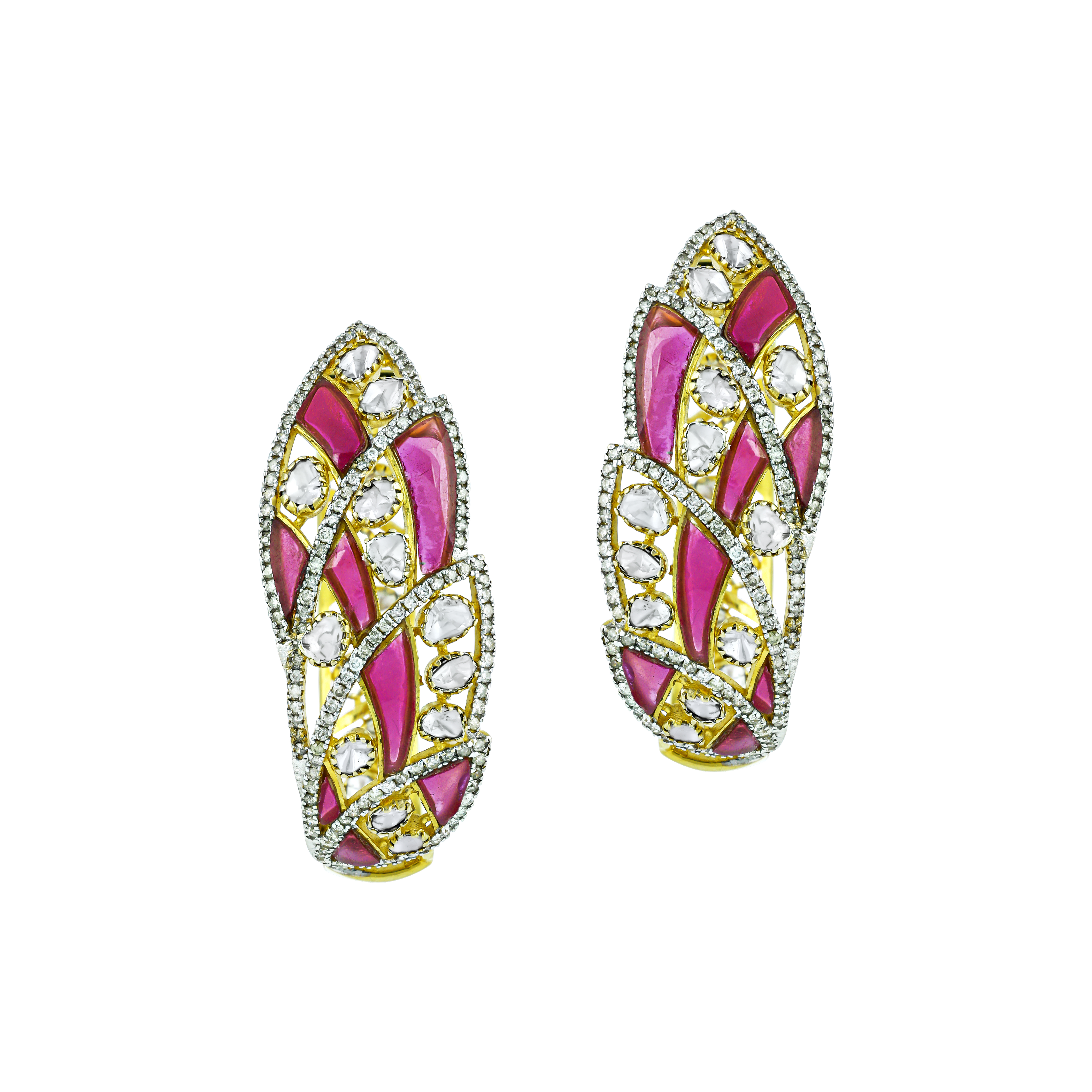 Polki Hoop Earrings with Pink Stones and Leaf-Inspired Design