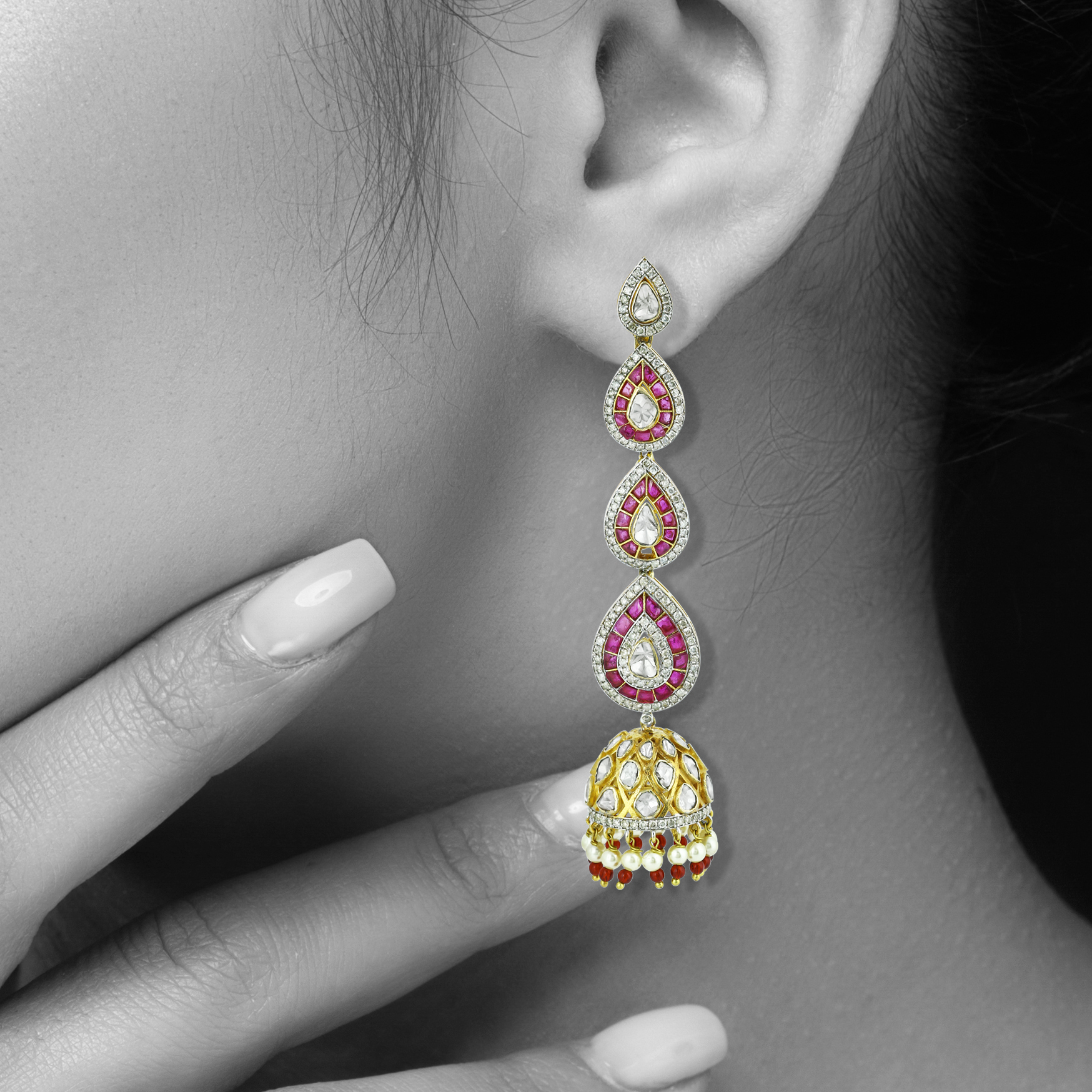 Cascading Polki Earrings with Red Talafs and Jhumka Design