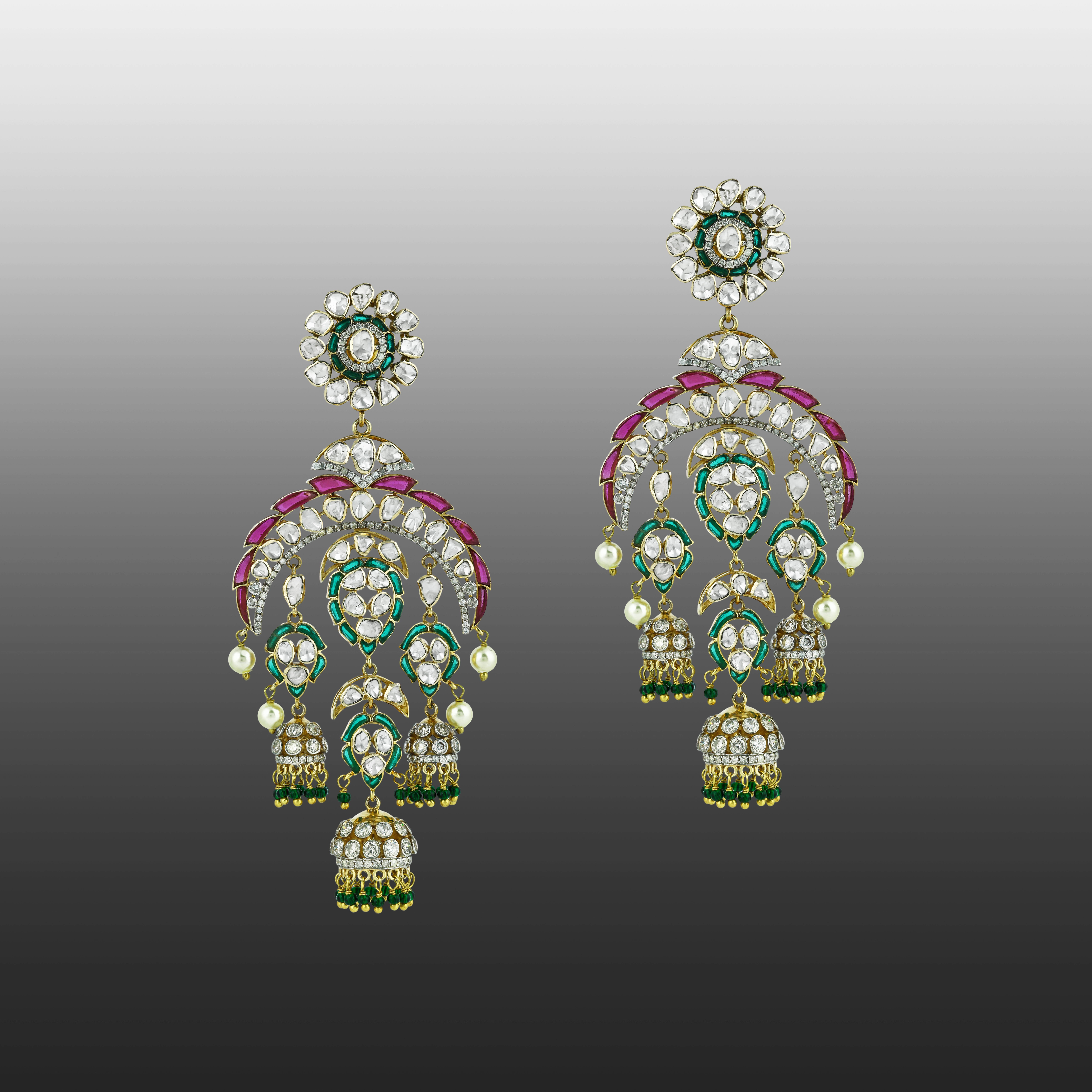 Polki Earrings with Green and Red Talafs, Pearl, and Tri-Jhumka Drops
