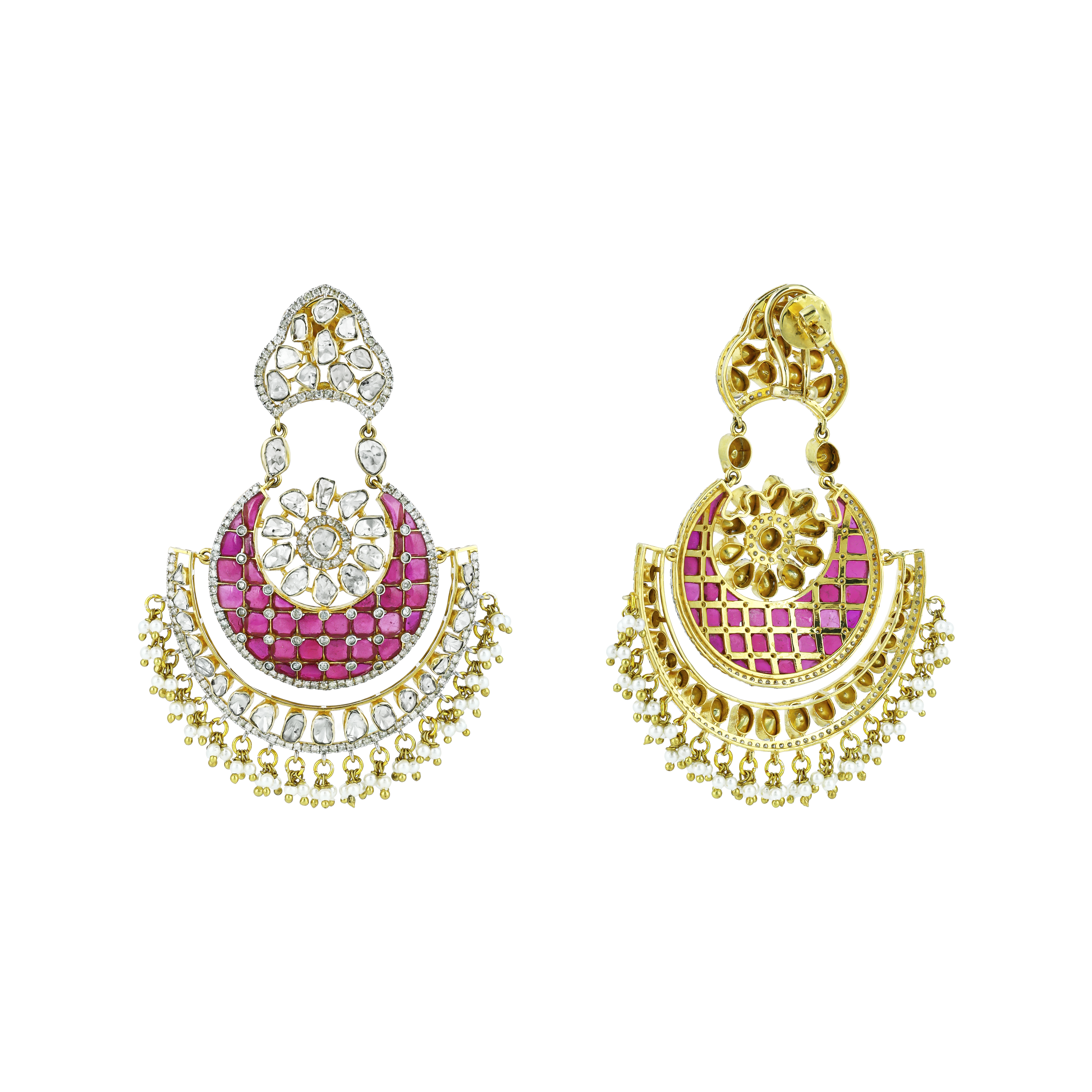 Polki Chandbali Earrings with Red Talaf and Pearls