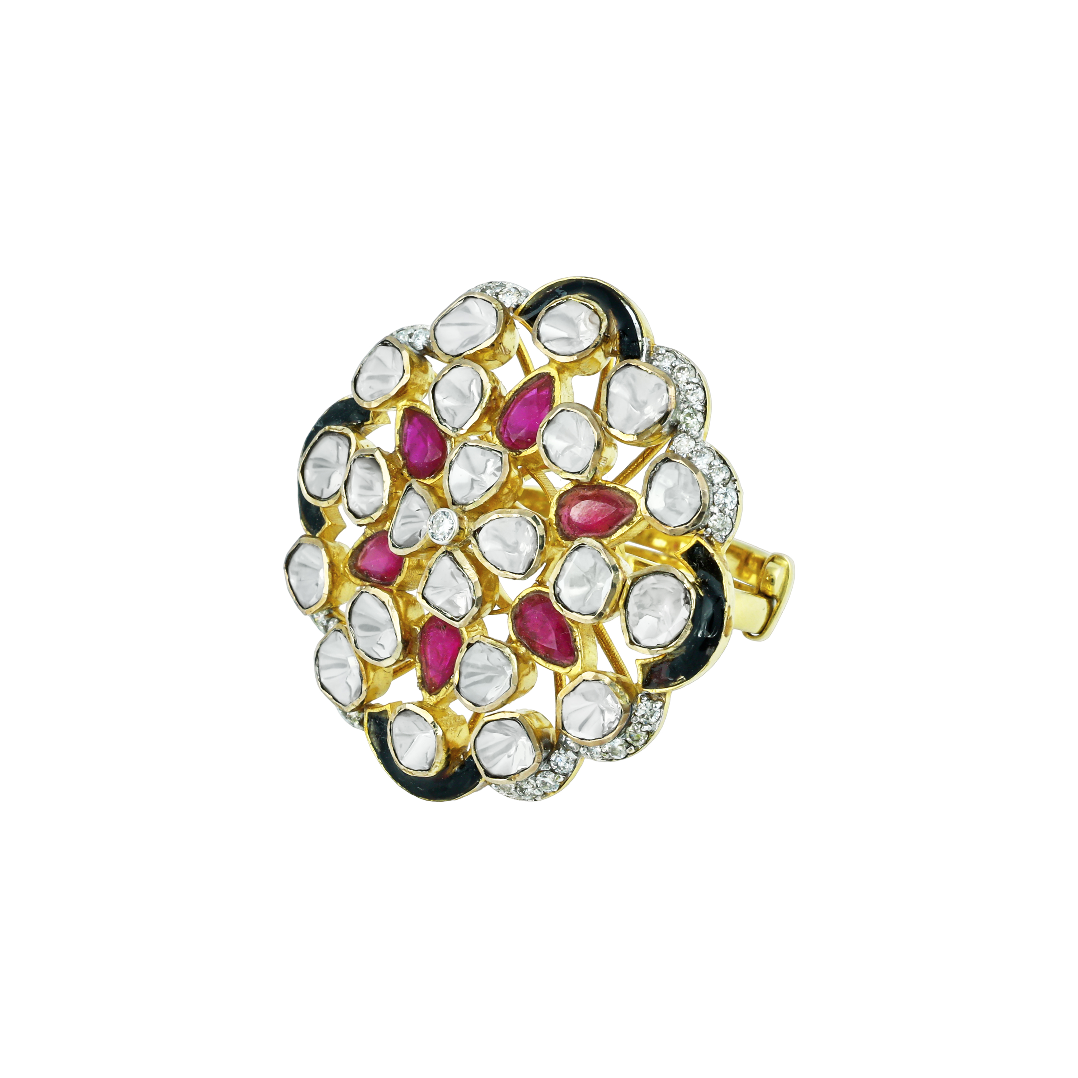 Floral Polki Ring with Red Talaf, Black colour stone, and Diamonds