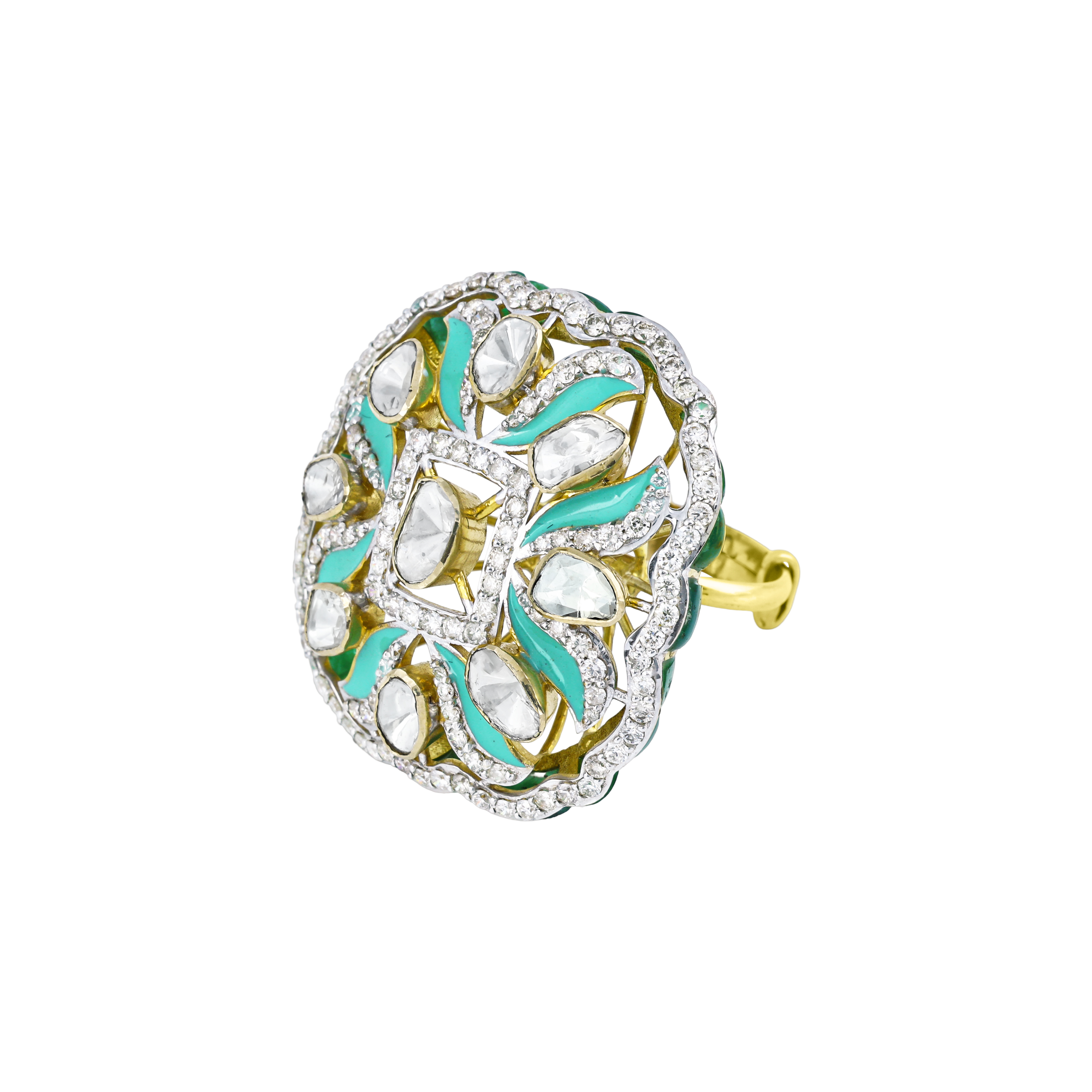 Polki Ring with Turquoise Enamel and Diamond Accents