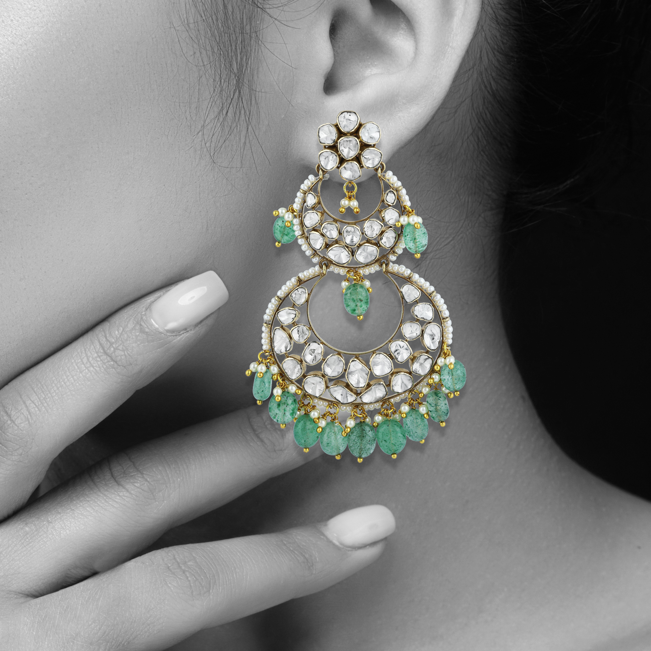 Polki Earrings with Double-Tier Chandbali, Pearl Accents, and Green Drops