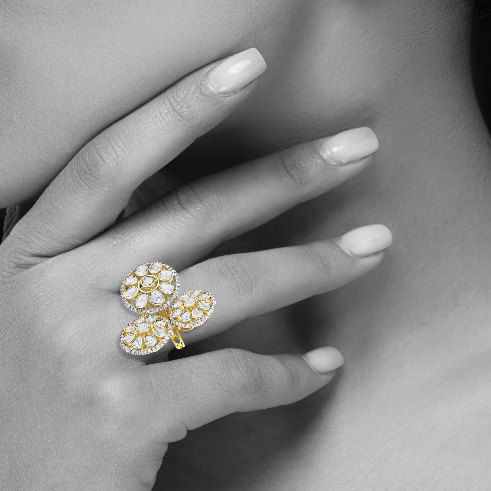 Triple Circle Polki Ring with Diamond Halo and Polki Cluster