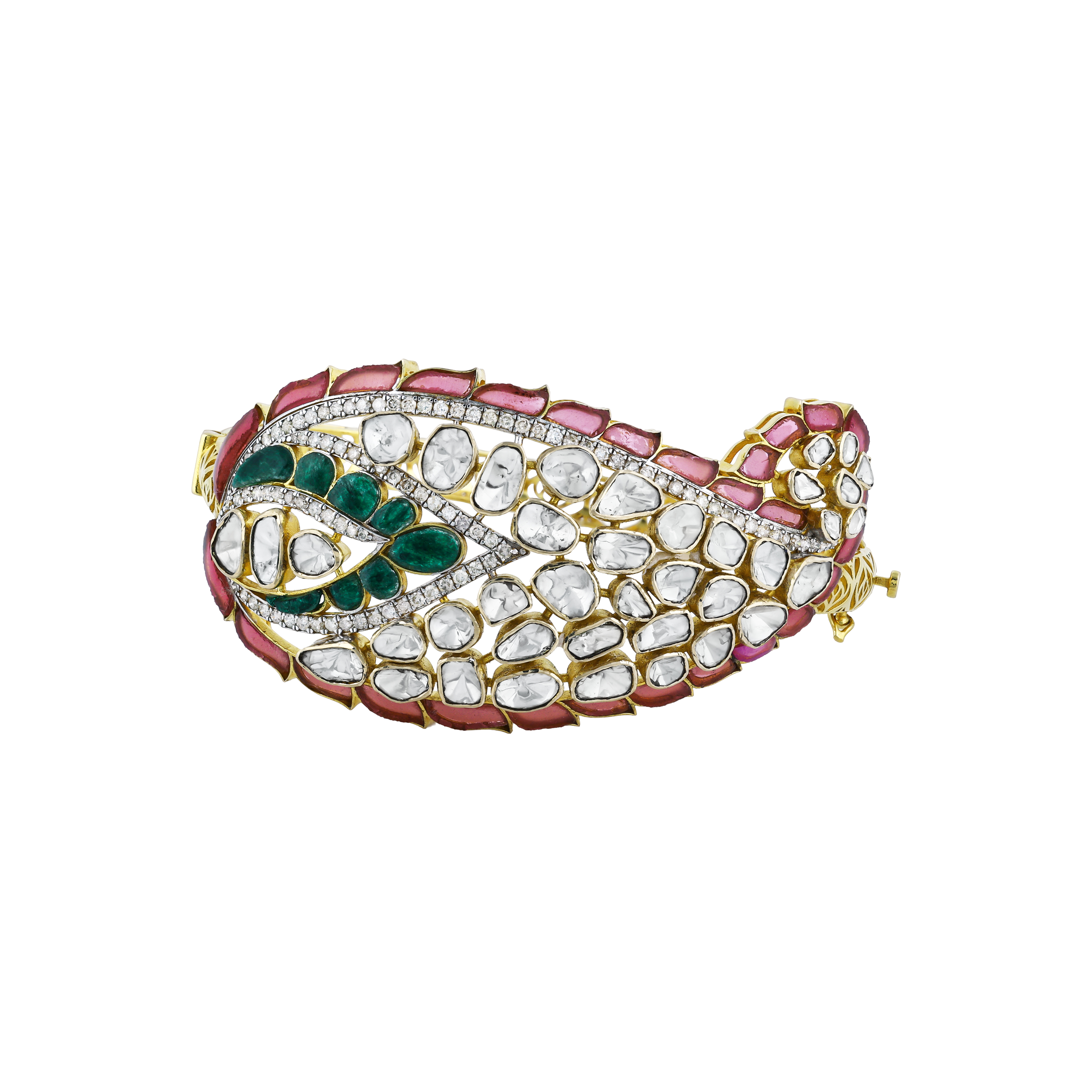 Bud-Inspired Polki Bangle with Green and Red Talafs
