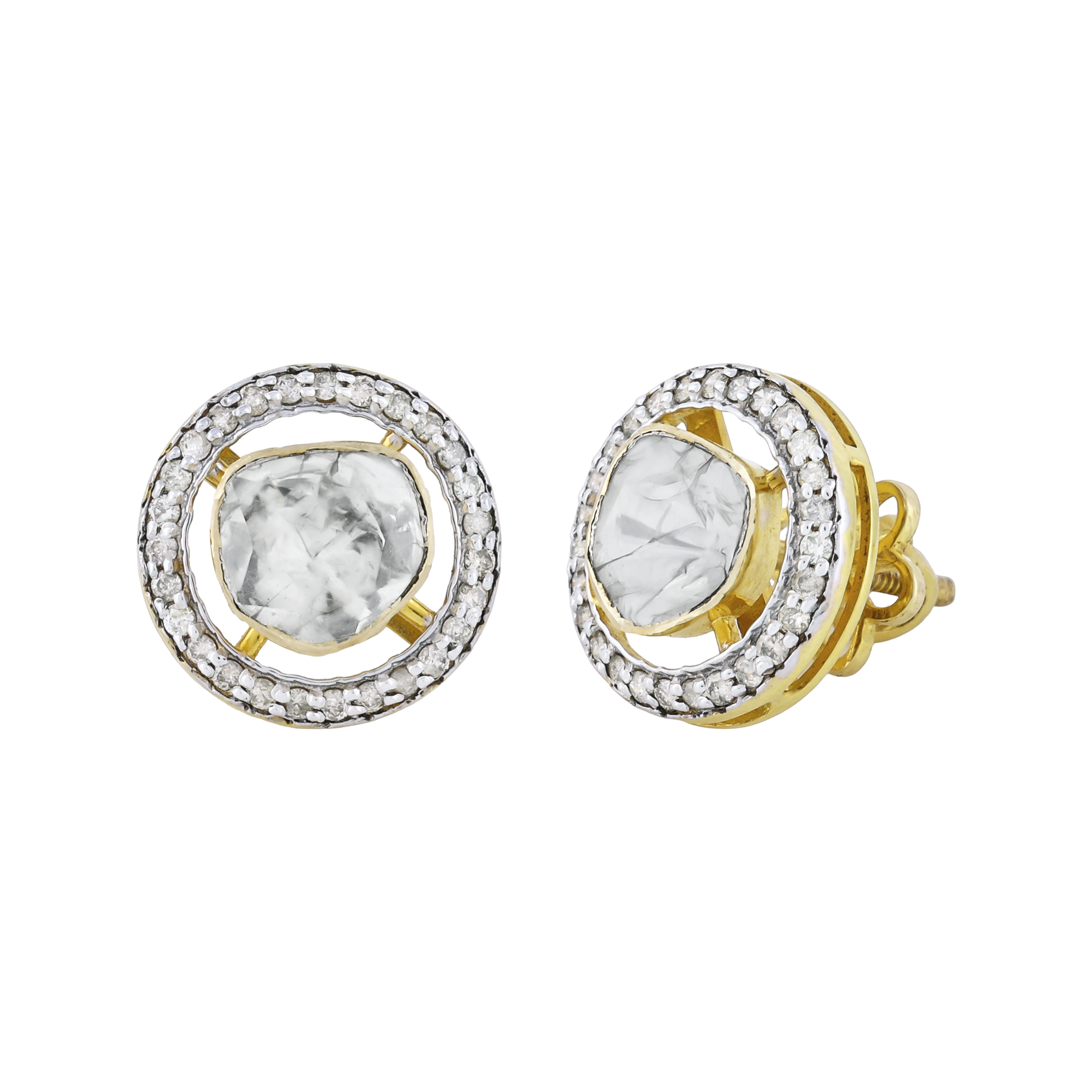 Round Polki Earrings with Diamond Halo
