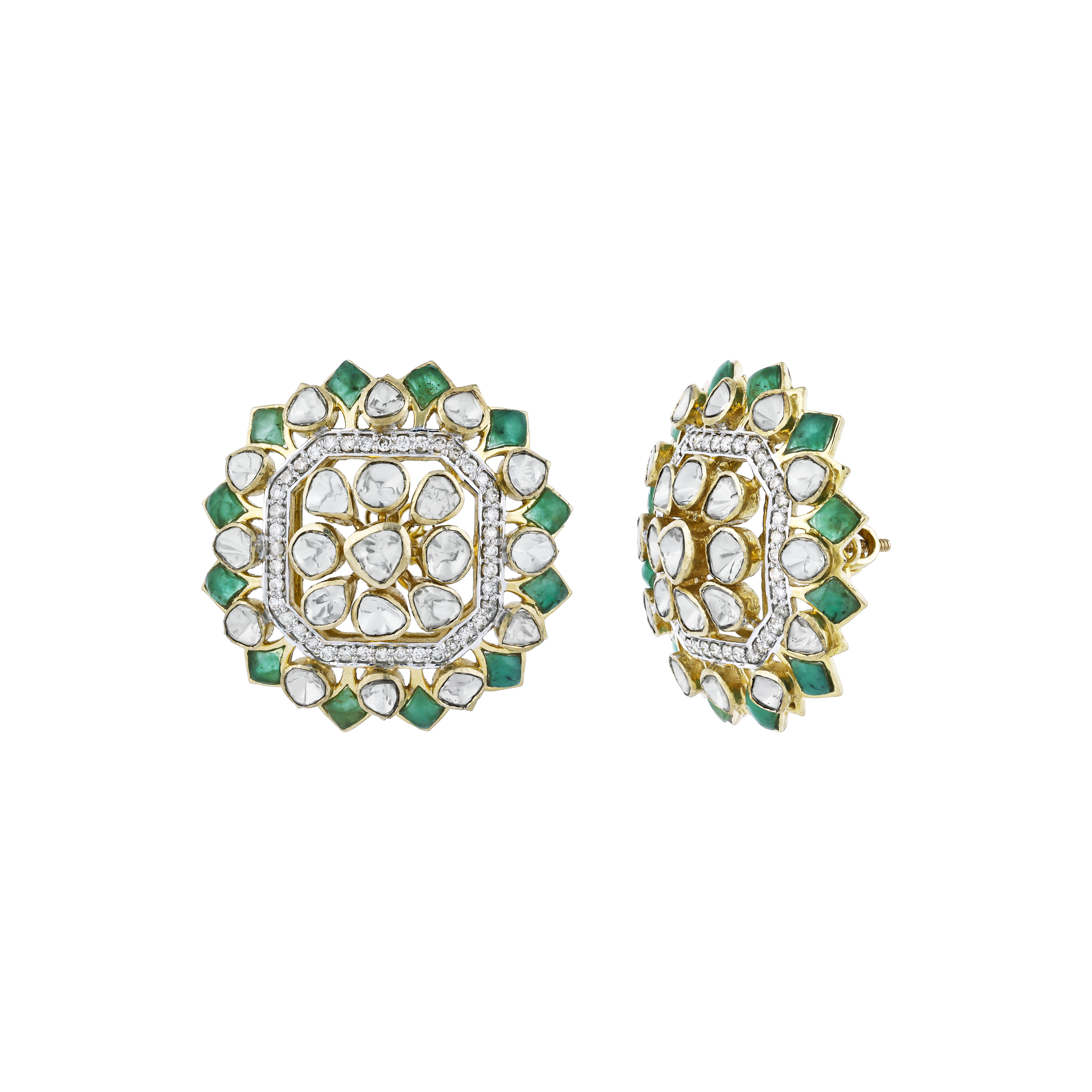 Round Polki Earrings with Green Talaf and Diamond Border