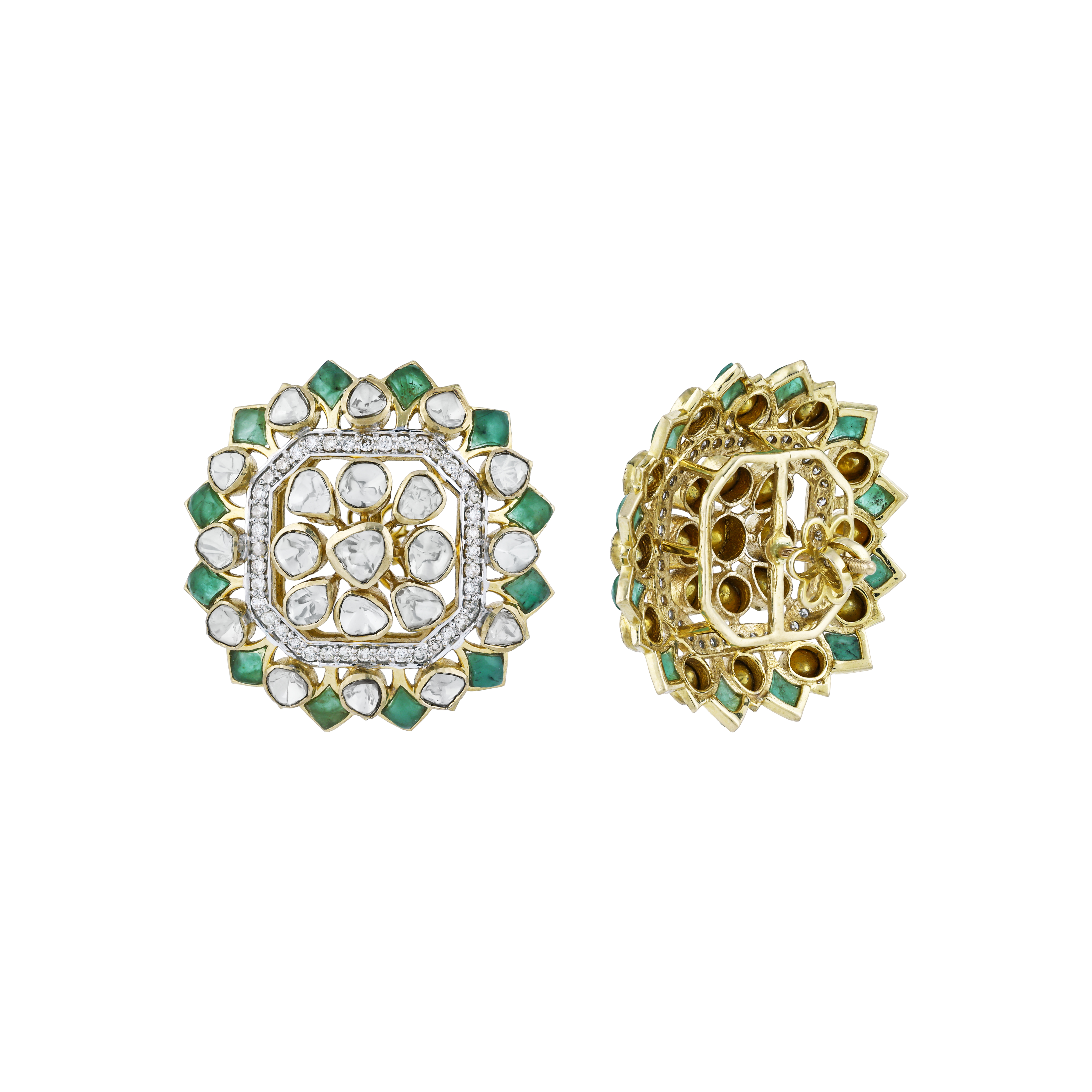 Round Polki Earrings with Green Talaf and Diamond Border