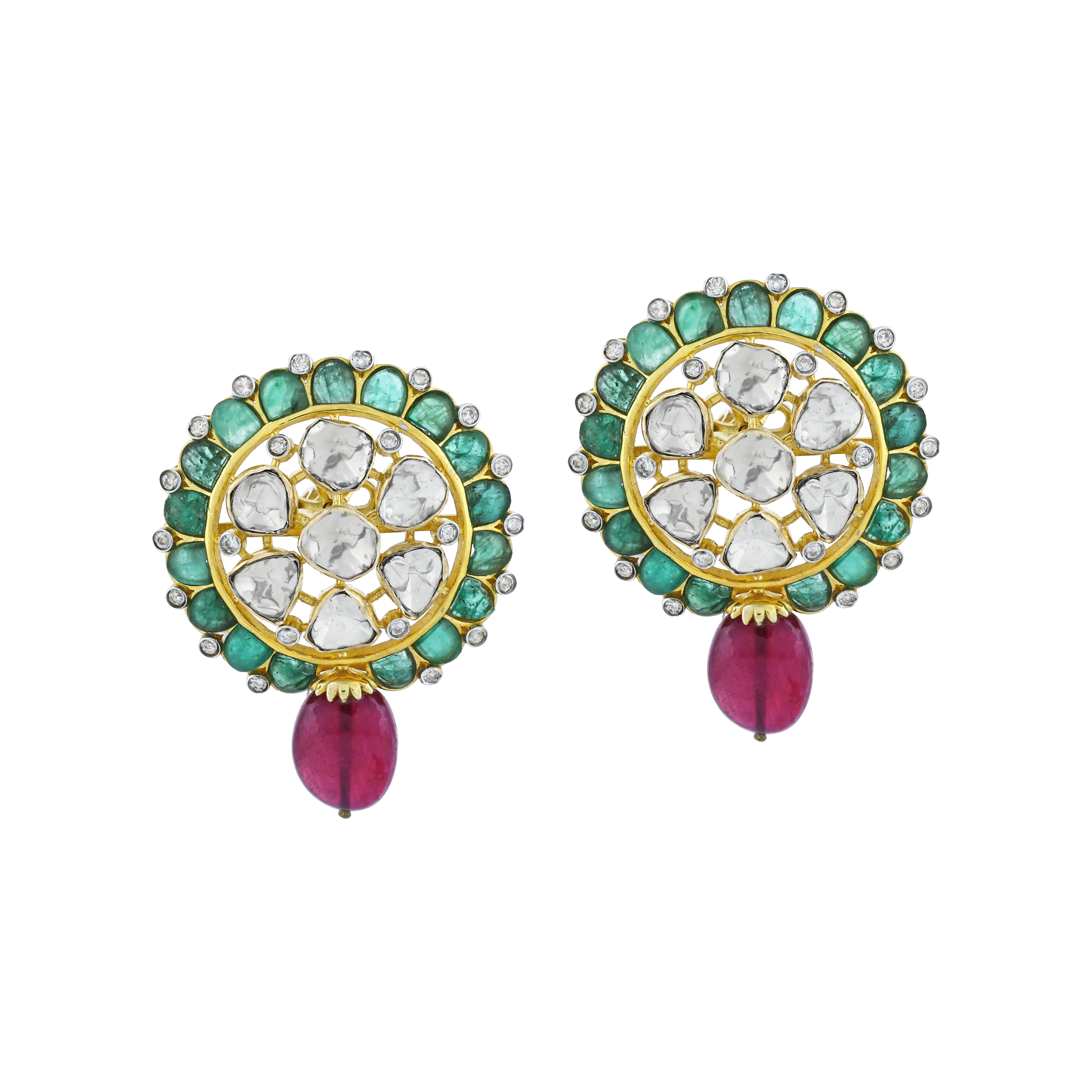 Round Polki Earrings with GreenTalaf and Red Colour bead