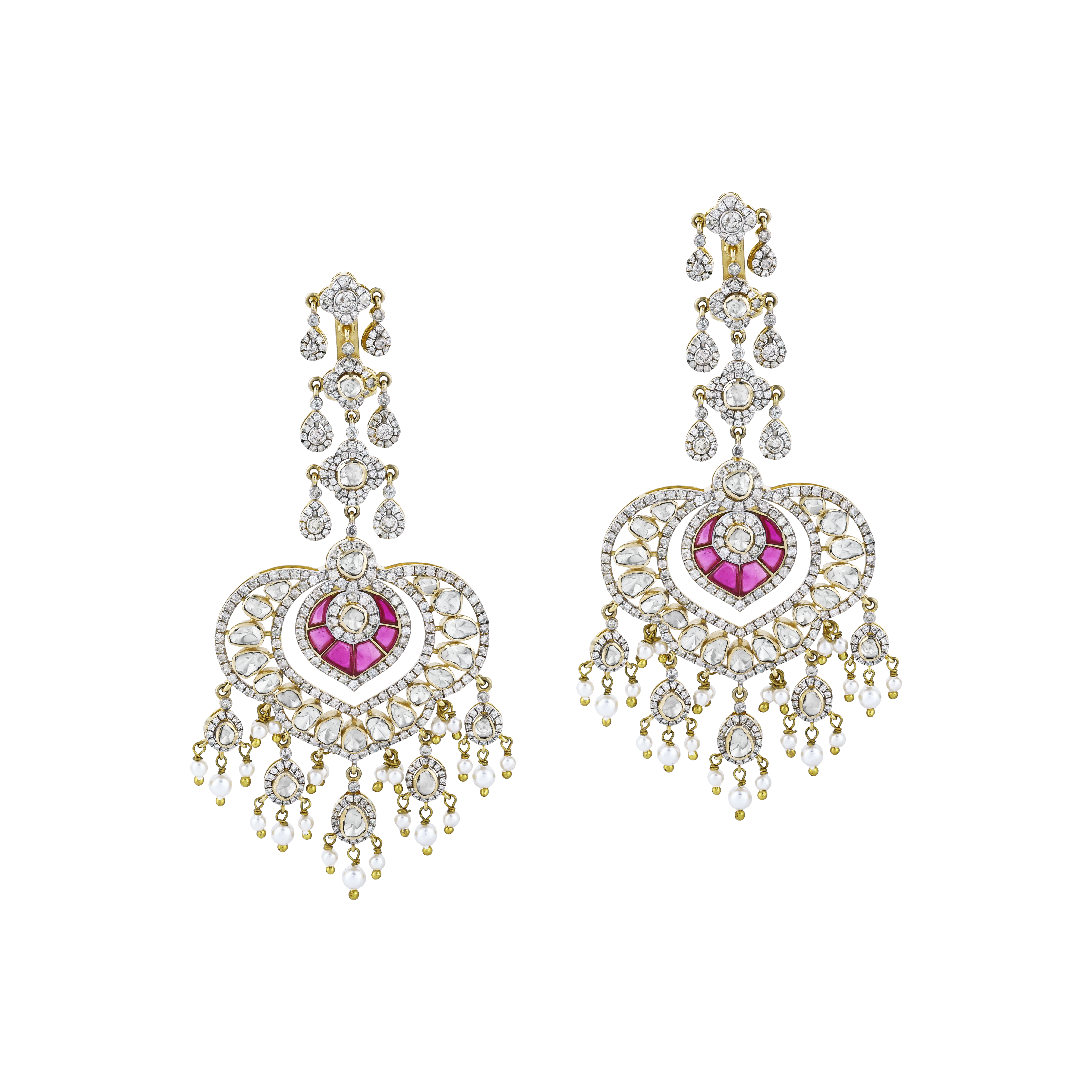Polki Chandelier Earrings with Red Talaf, Diamonds, and Pearls