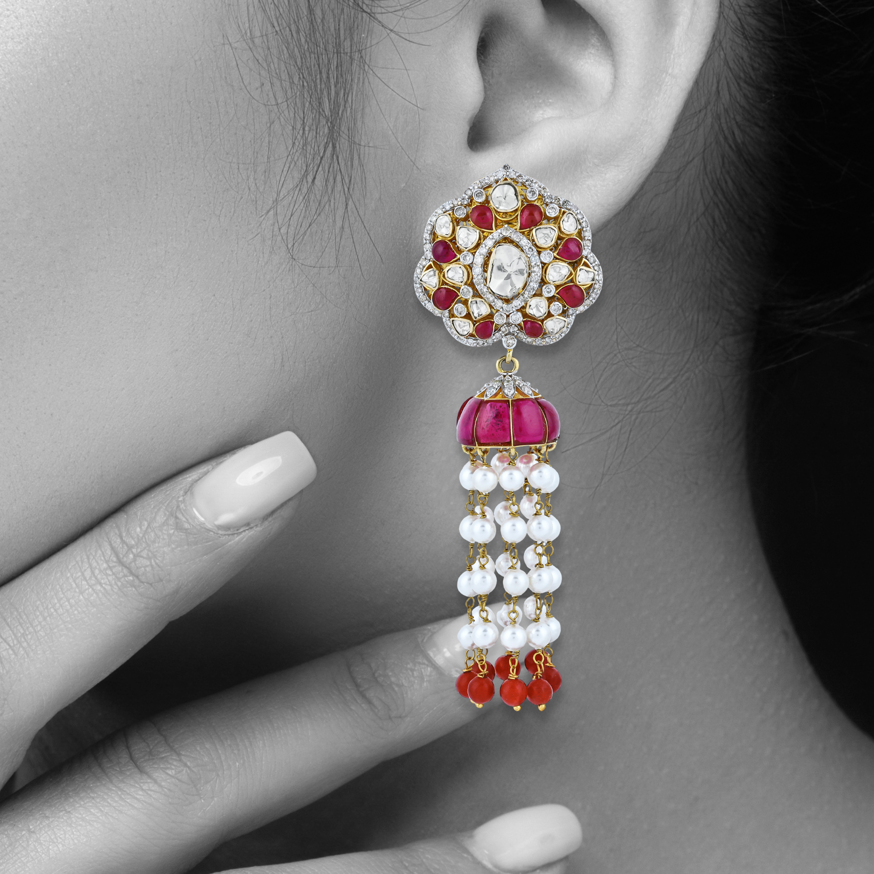 Floral Polki Earrings with Red Talaf, Pearls, and Red Beads