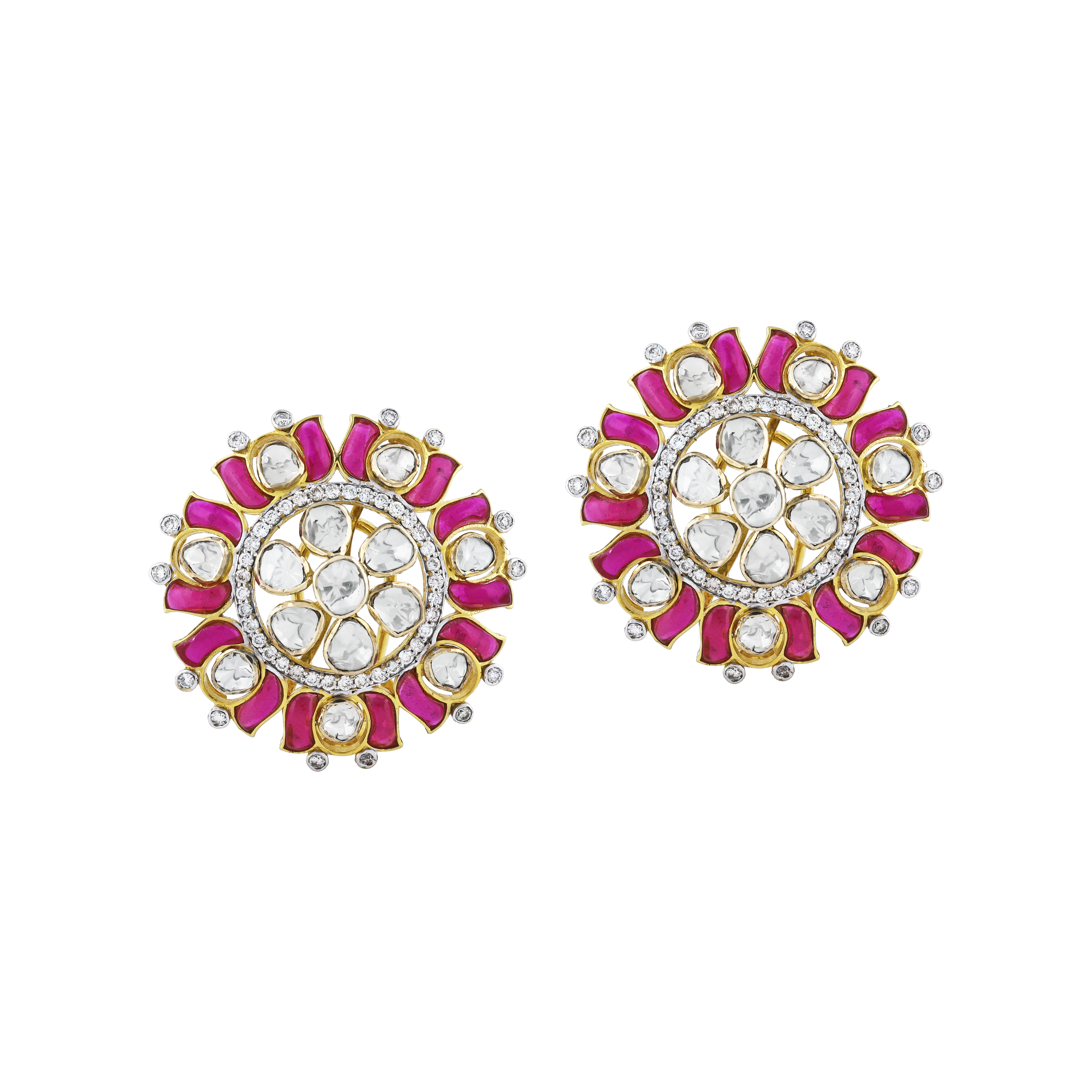 Polki Circular Earrings with Pinkish Red Talaf and Floral Design
